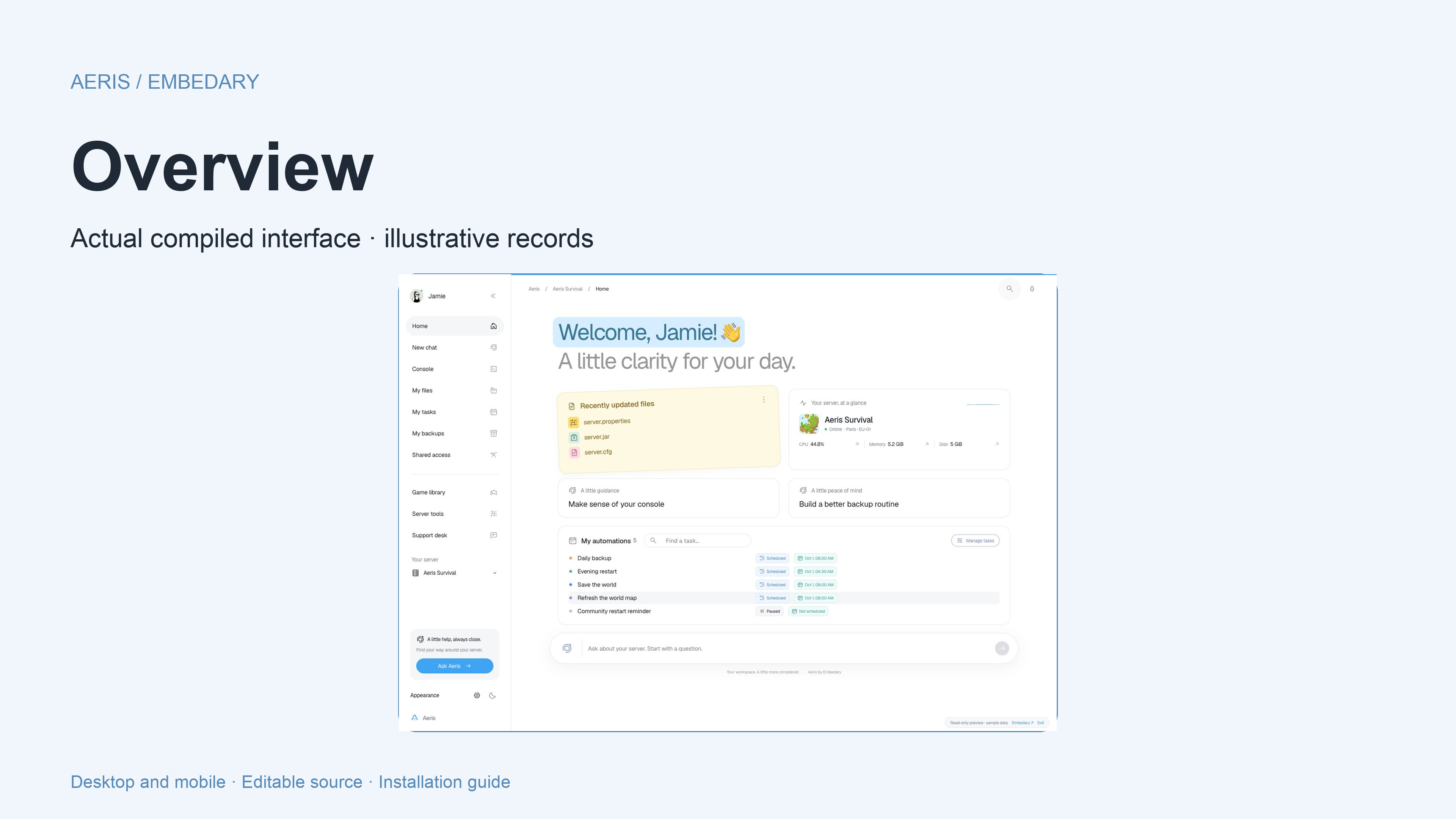 Aeris — Your servers, a little clearer. A preview of the white and sky-blue workspace.