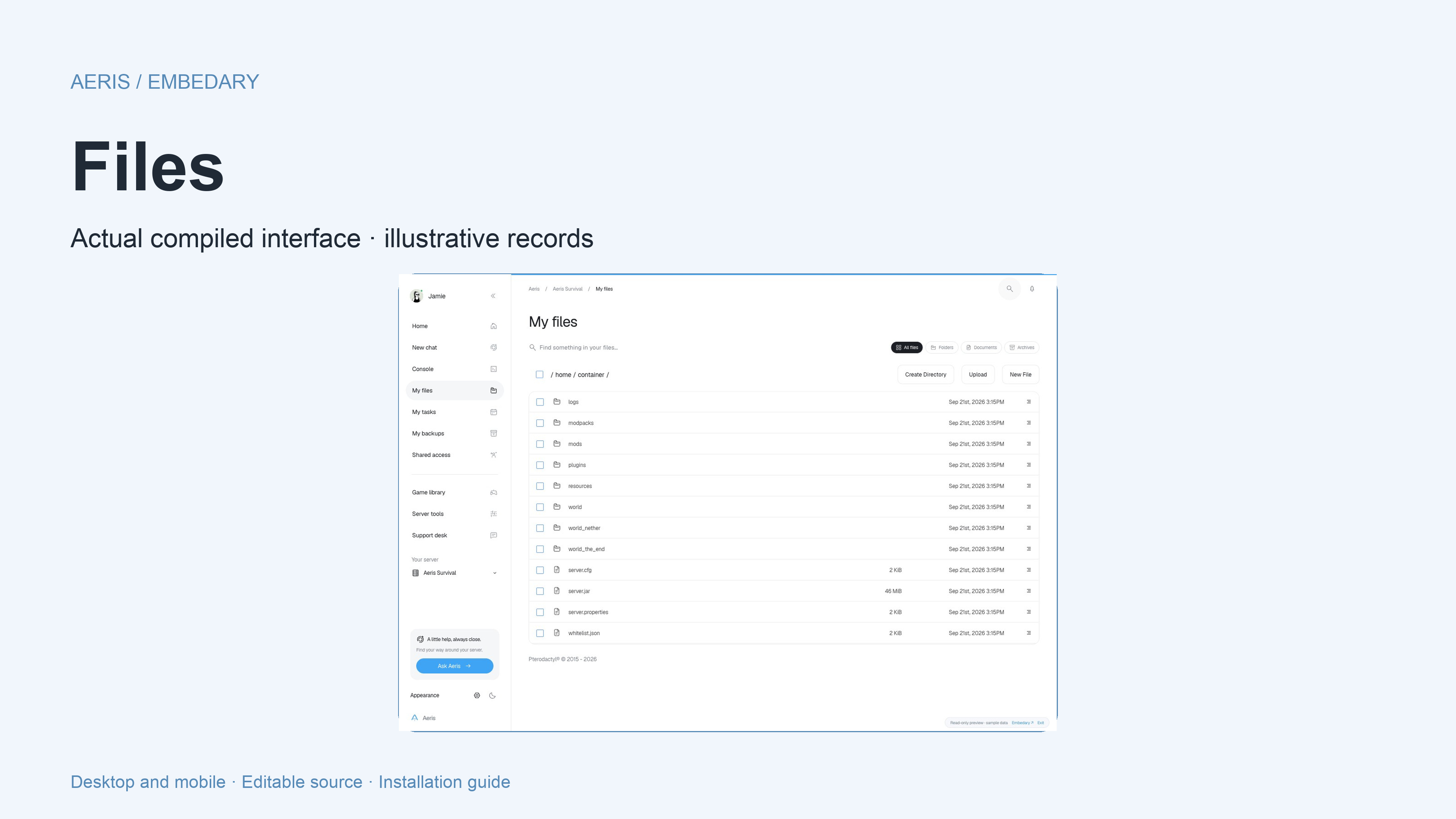 Aeris file library with a search field, type filters, folders and native file operations.
