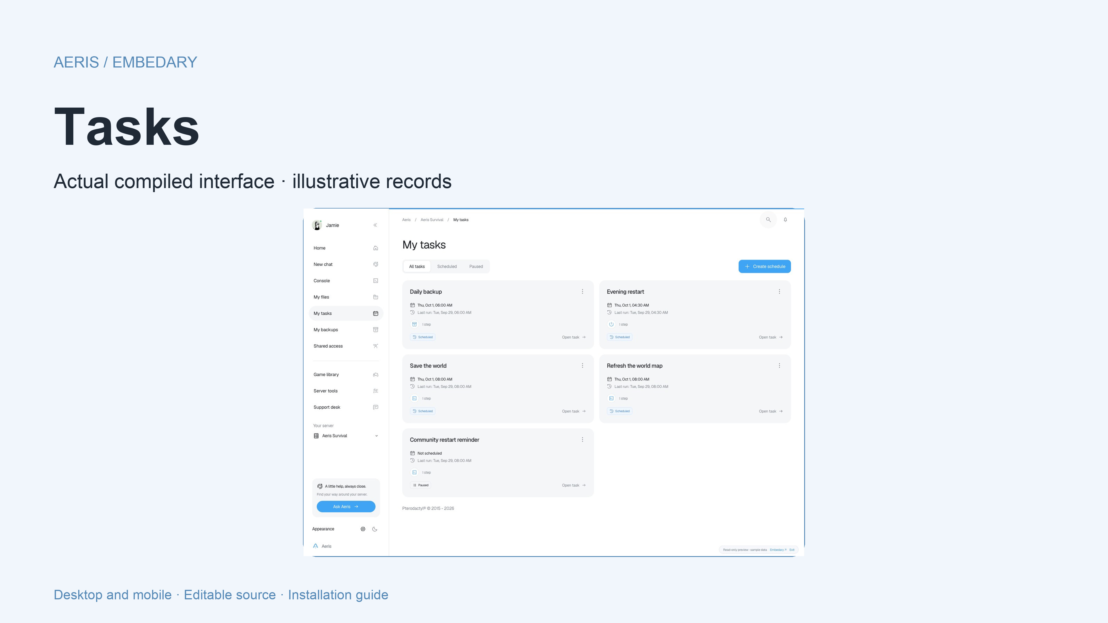 Aeris scheduled task cards with timing, status, next run and contextual actions.