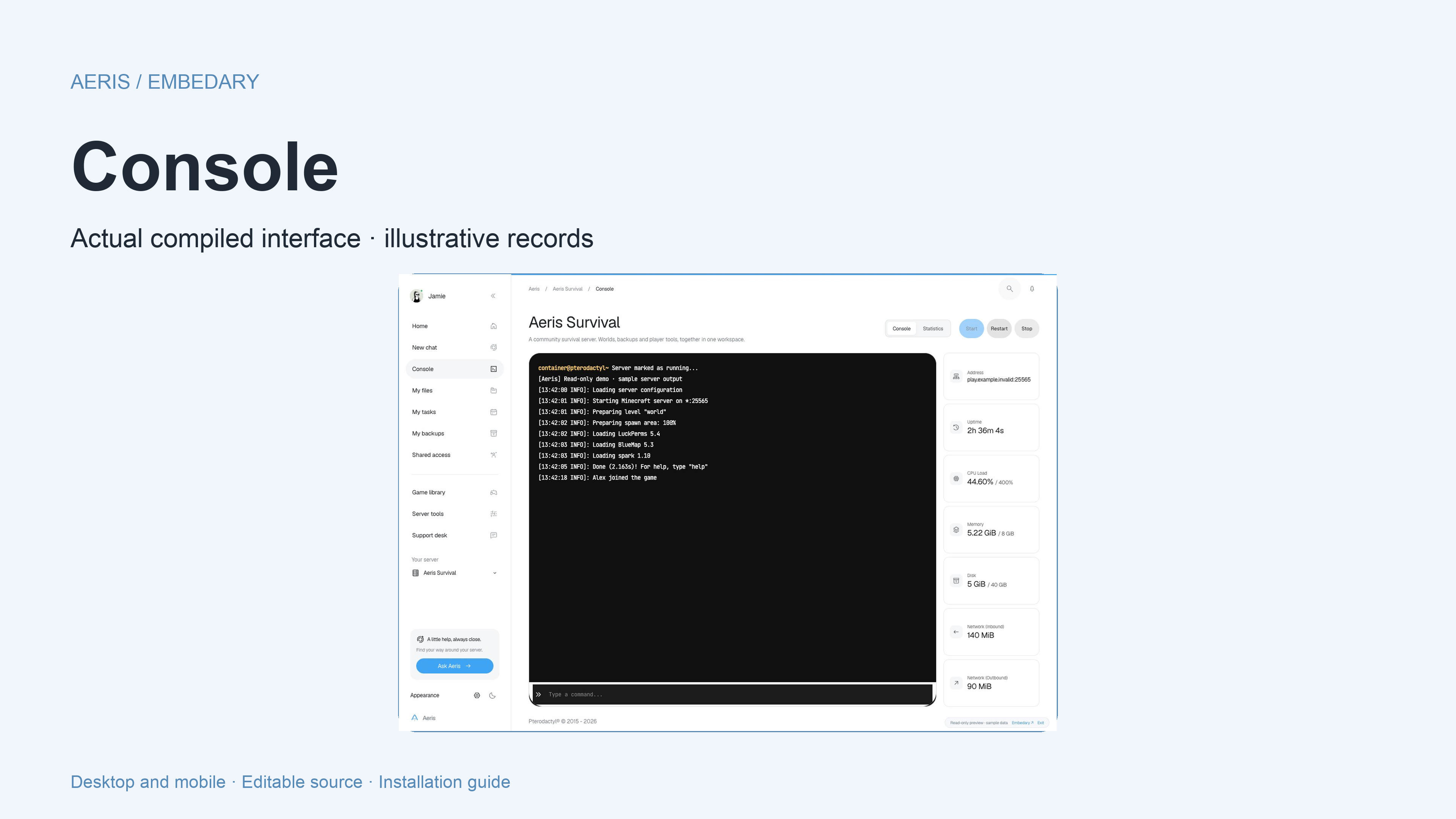 Aeris native-style console workspace with resource readings and power controls.