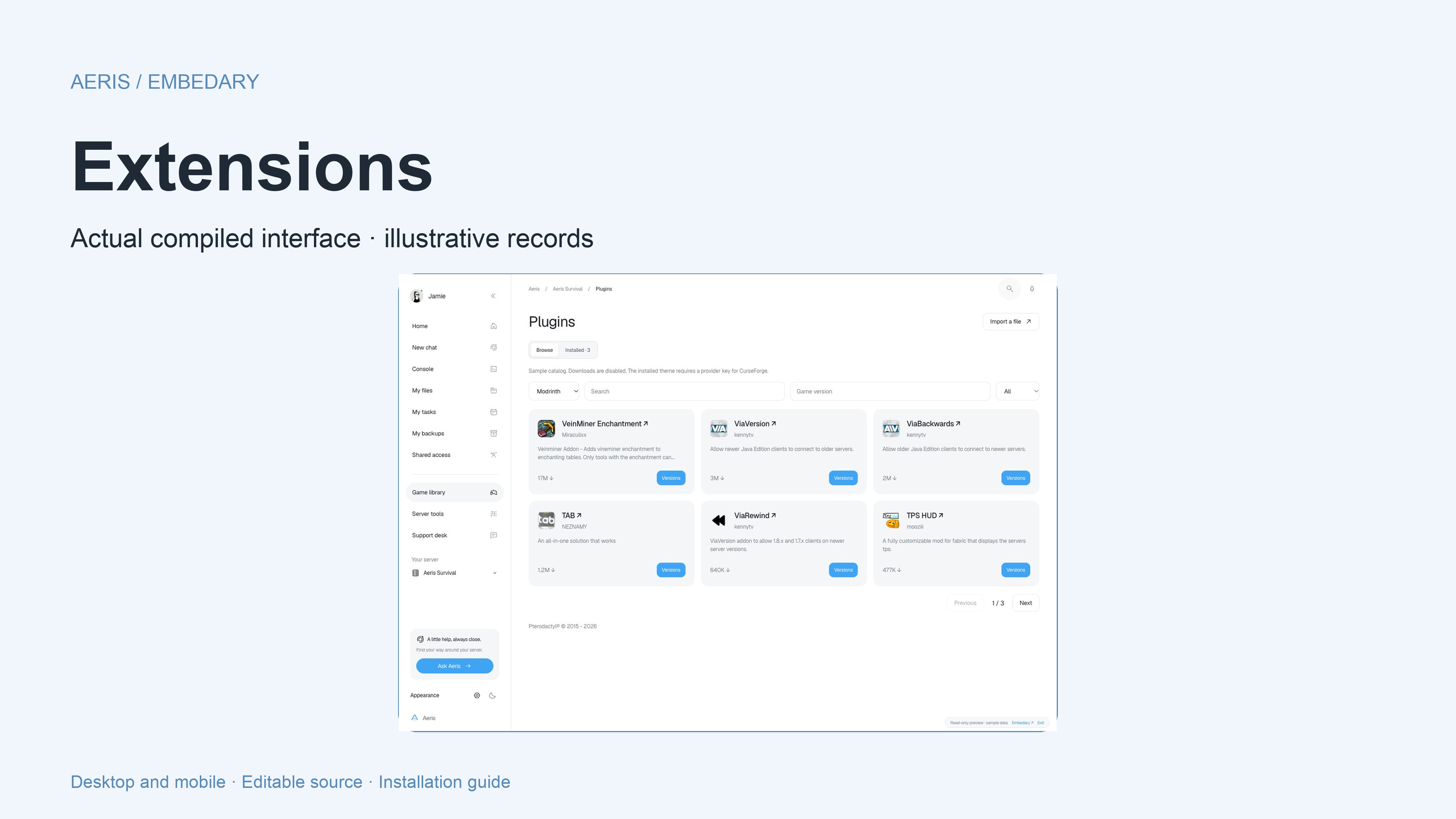 Aeris extension catalog with project cards and release controls.