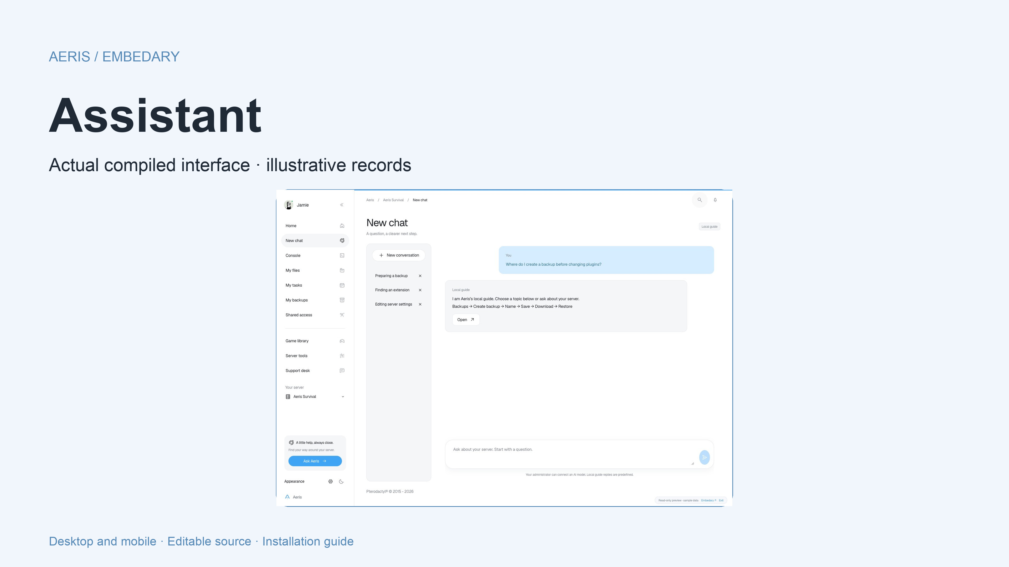 Aeris assistant interface with private threads and a message composer.