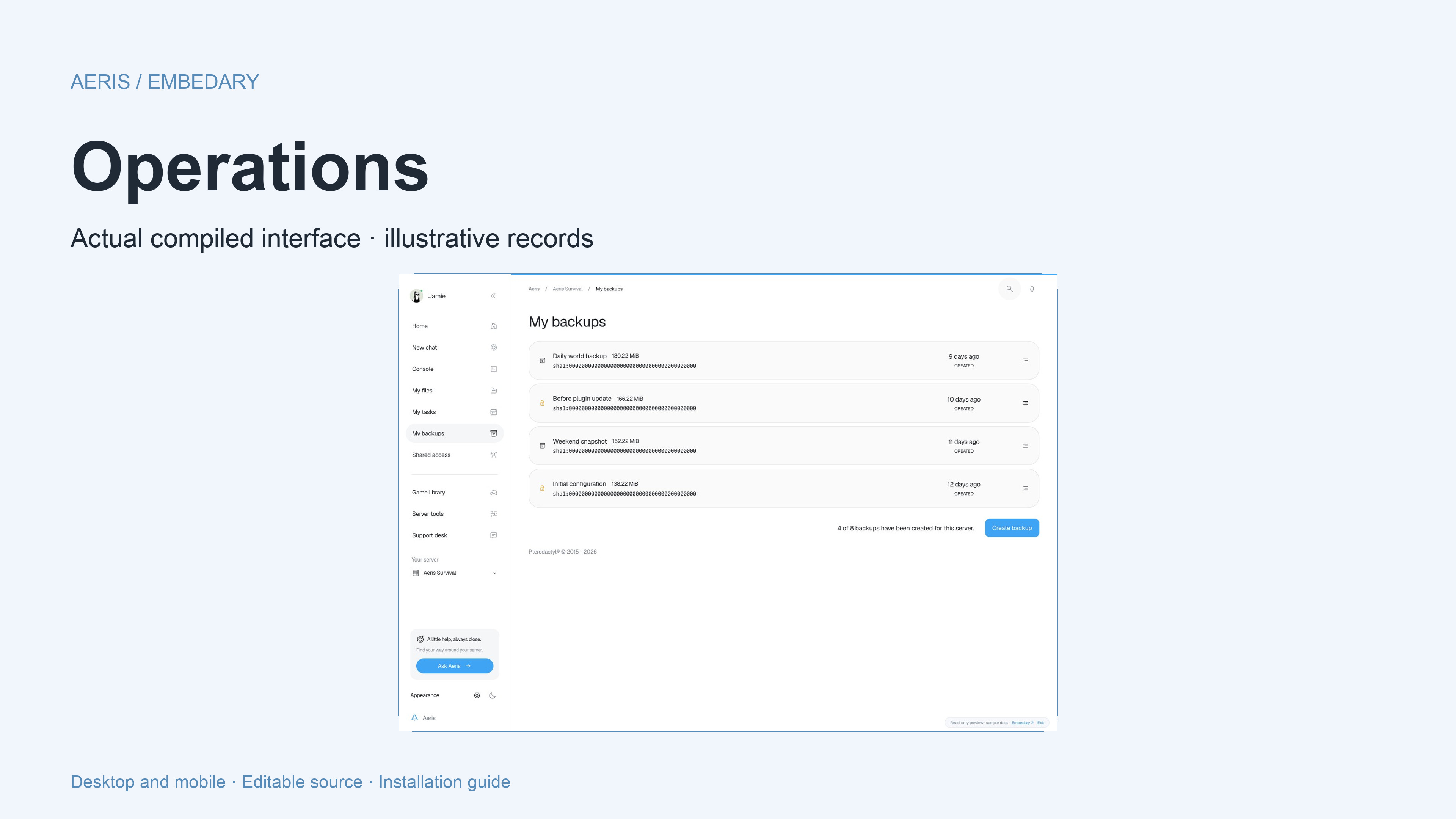 Aeris backups and server activity views. Native quotas and permissions apply.