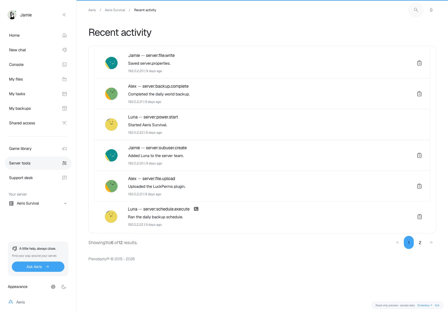 Aeris — Server activity · sample data