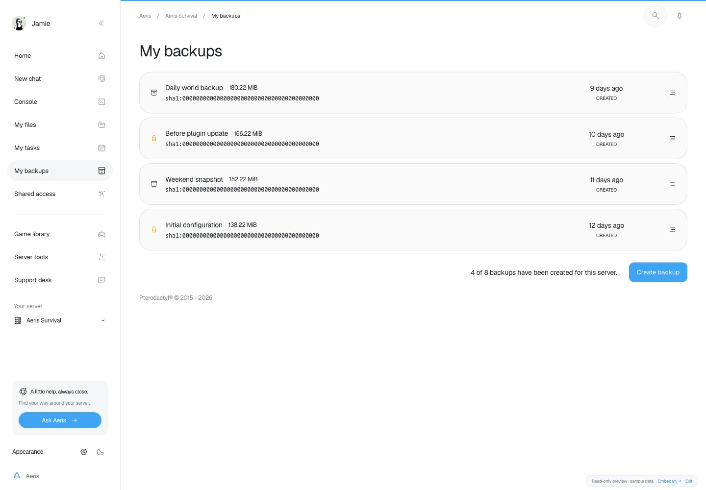 Aeris — Backups · sample data