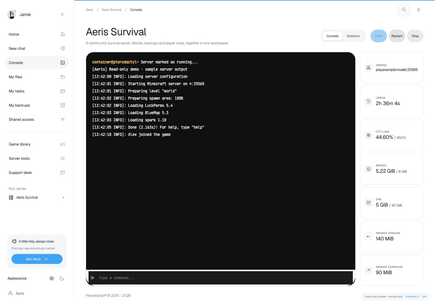 Aeris — Console · sample data