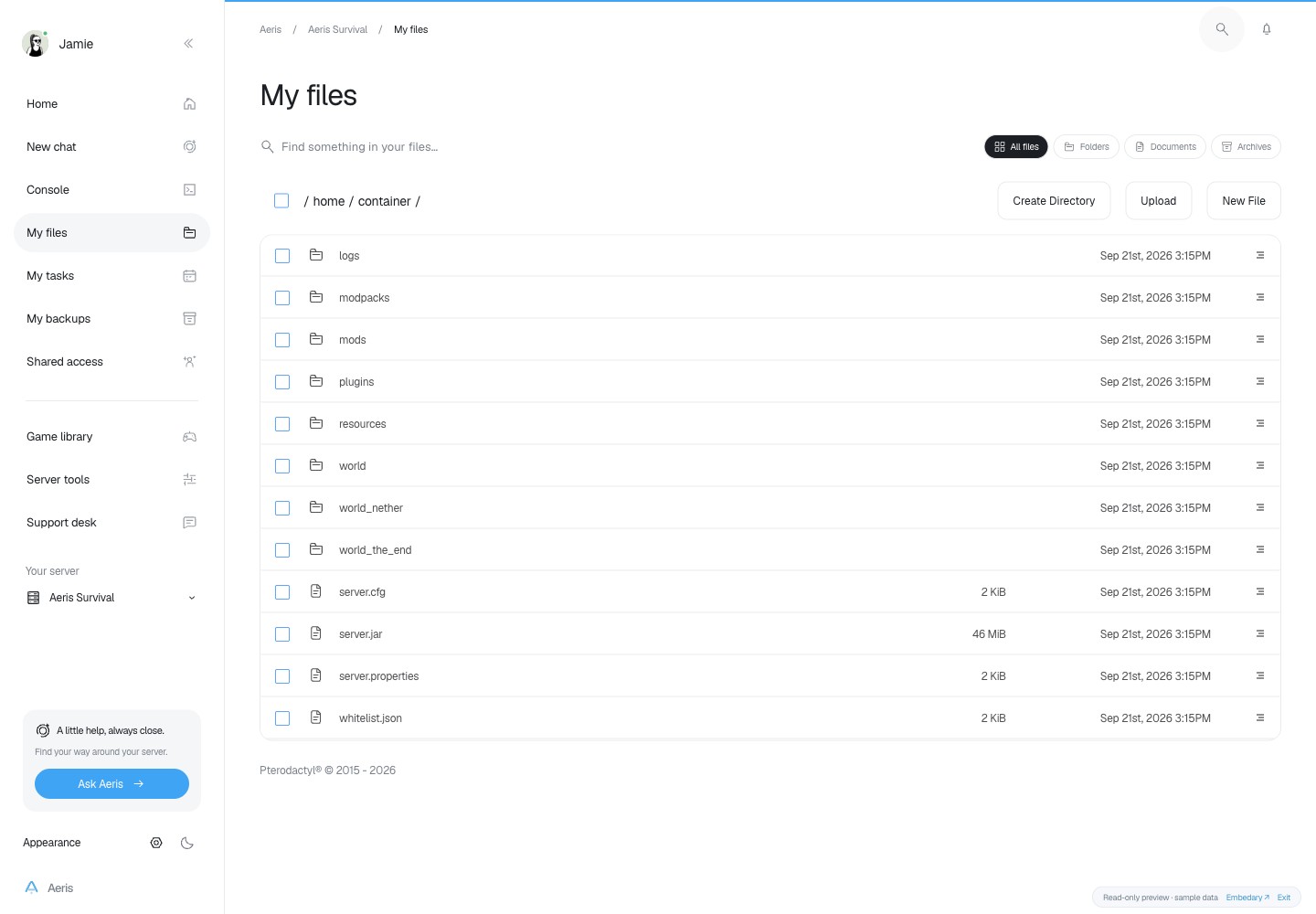 Aeris — Saved files · sample data