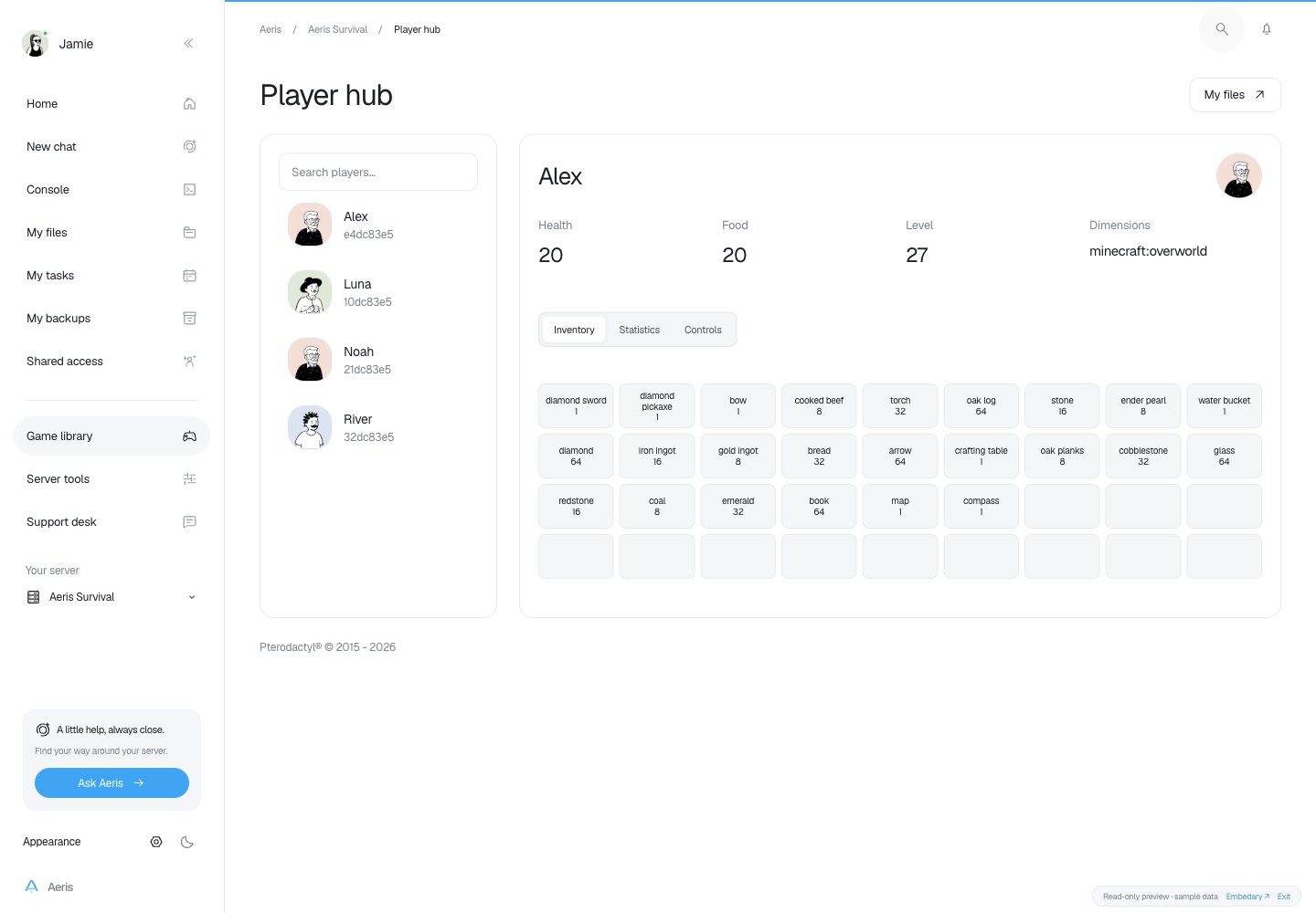 Aeris — Player library · sample data