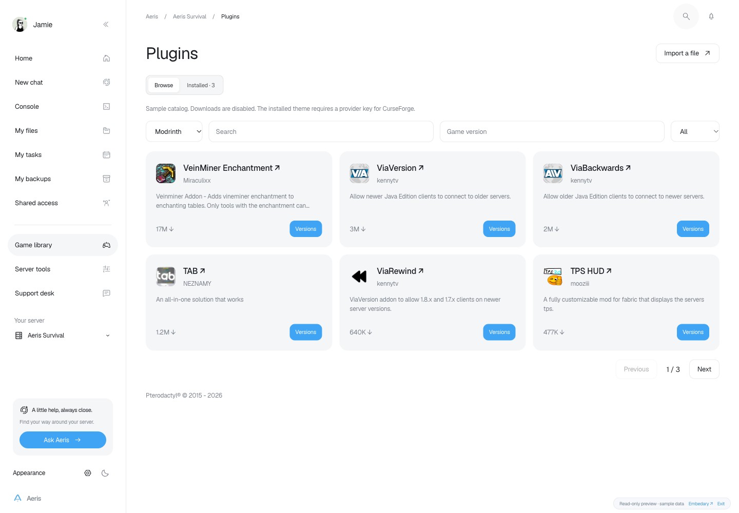 Aeris — Plugins · sample data