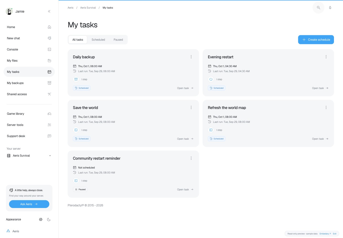 Aeris — My tasks · sample data