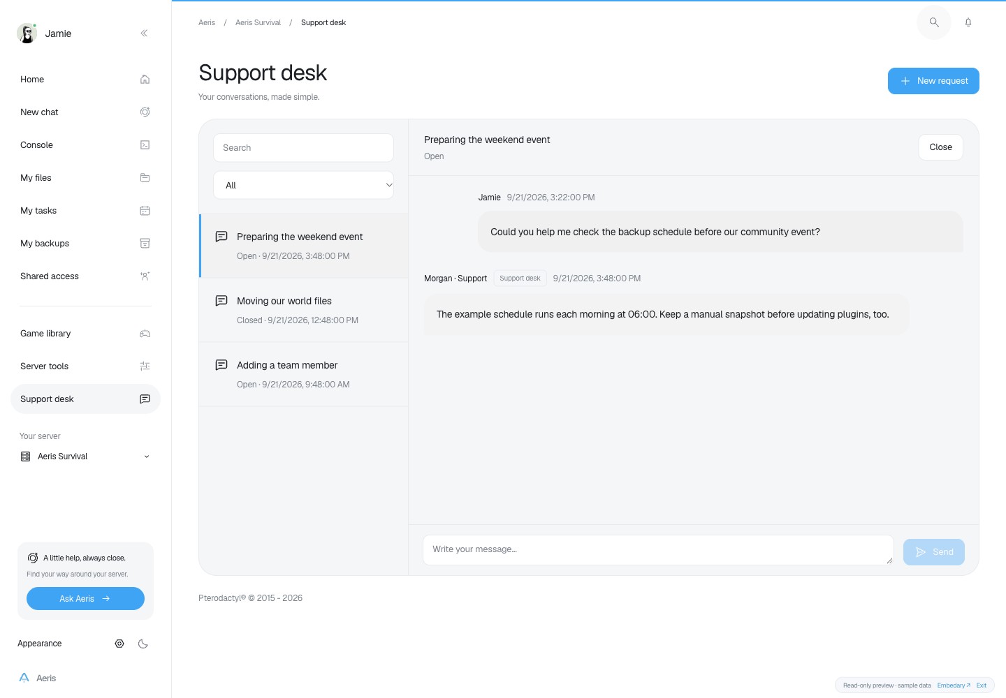 Aeris — Support conversations · sample data
