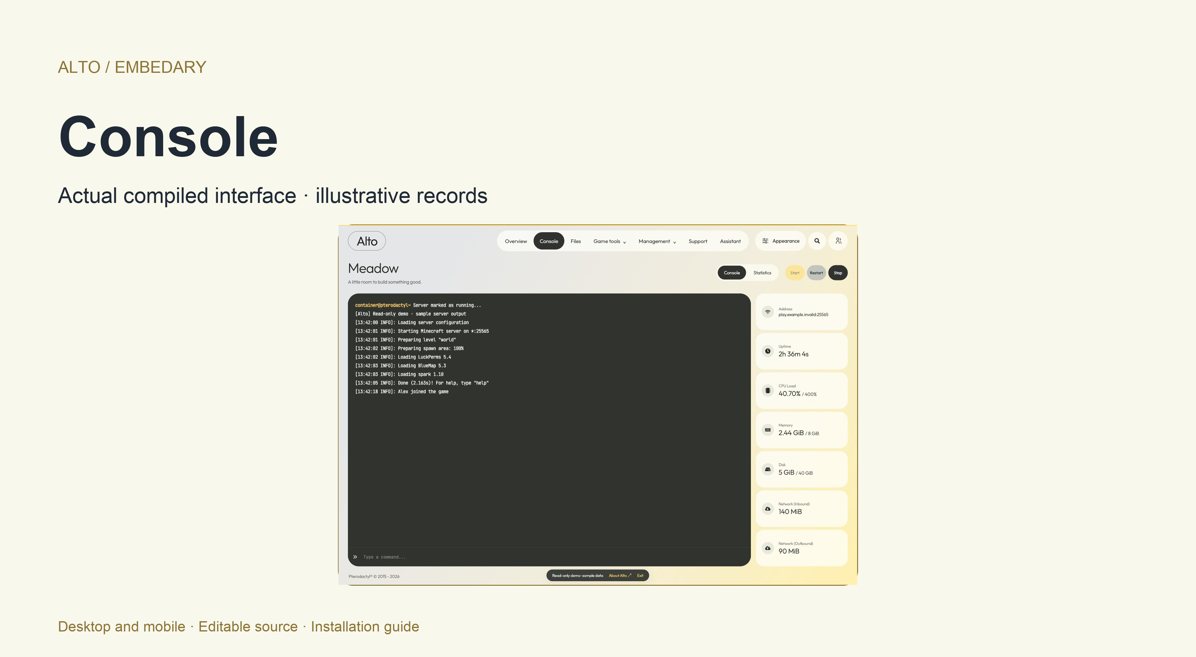 Alto console with sample Minecraft log output, command input and resource statistics.