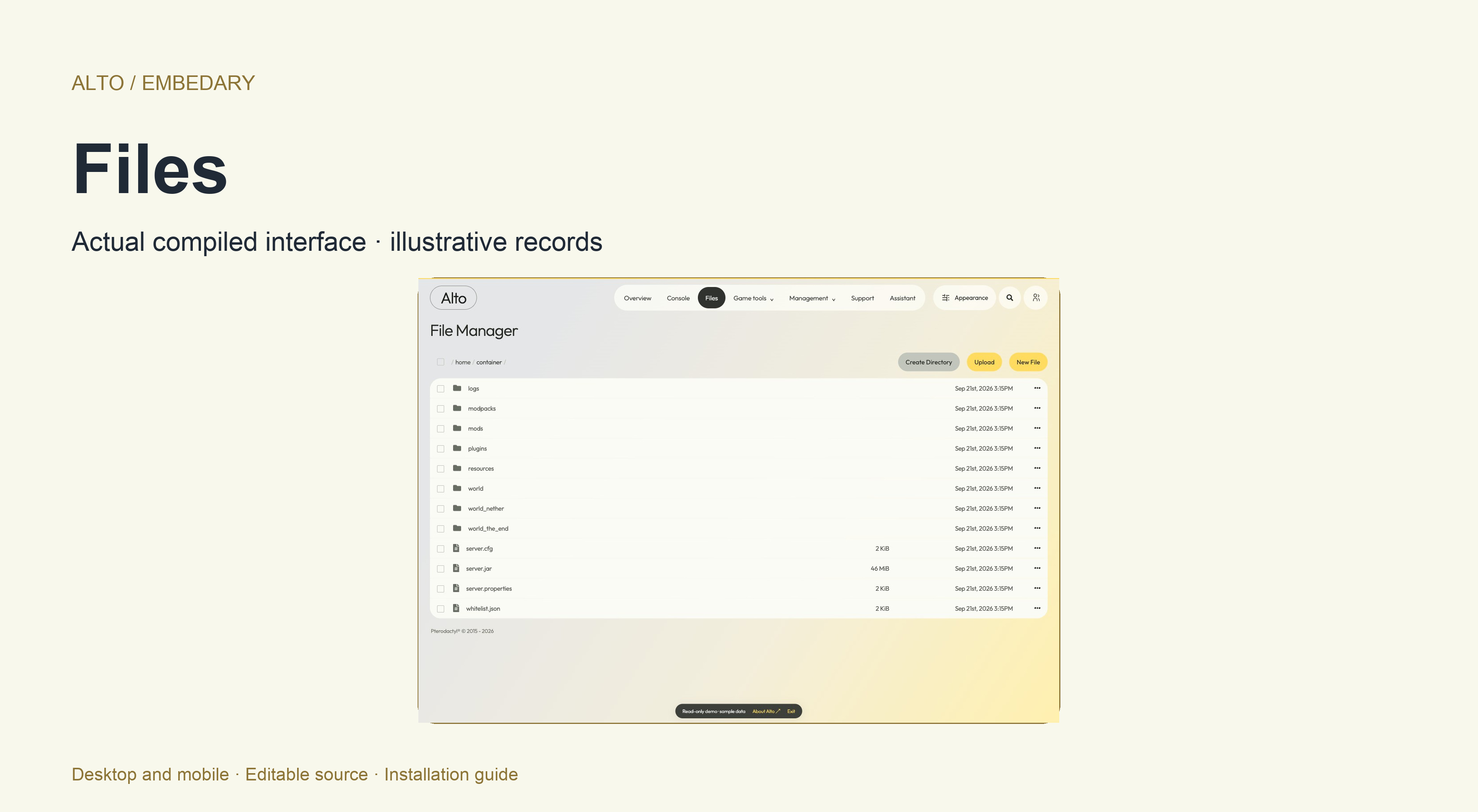 Alto file browser with sample folders, file names and native file management controls.
