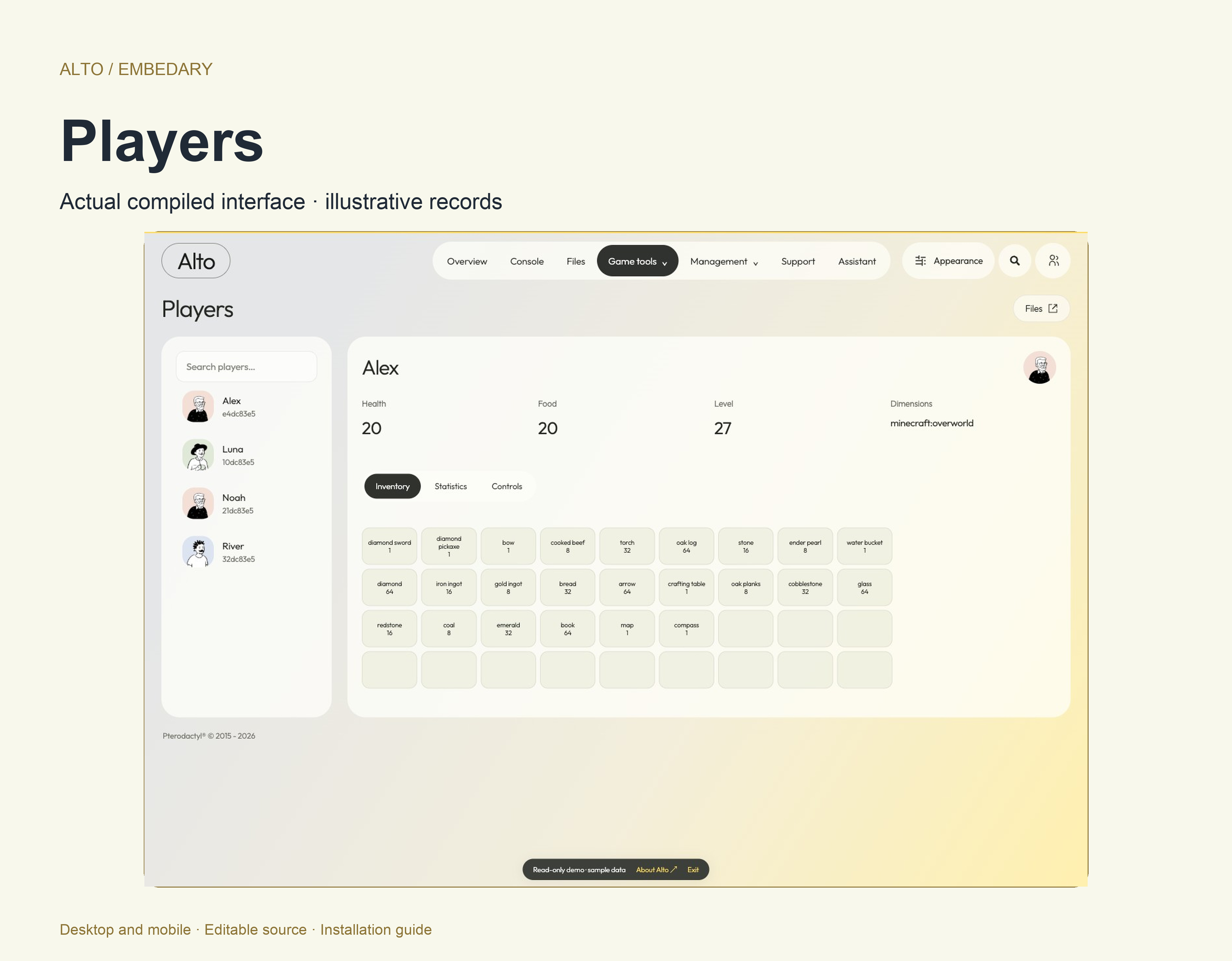 Alto Minecraft Java player workspace with saved health, experience, inventory and statistics tabs.