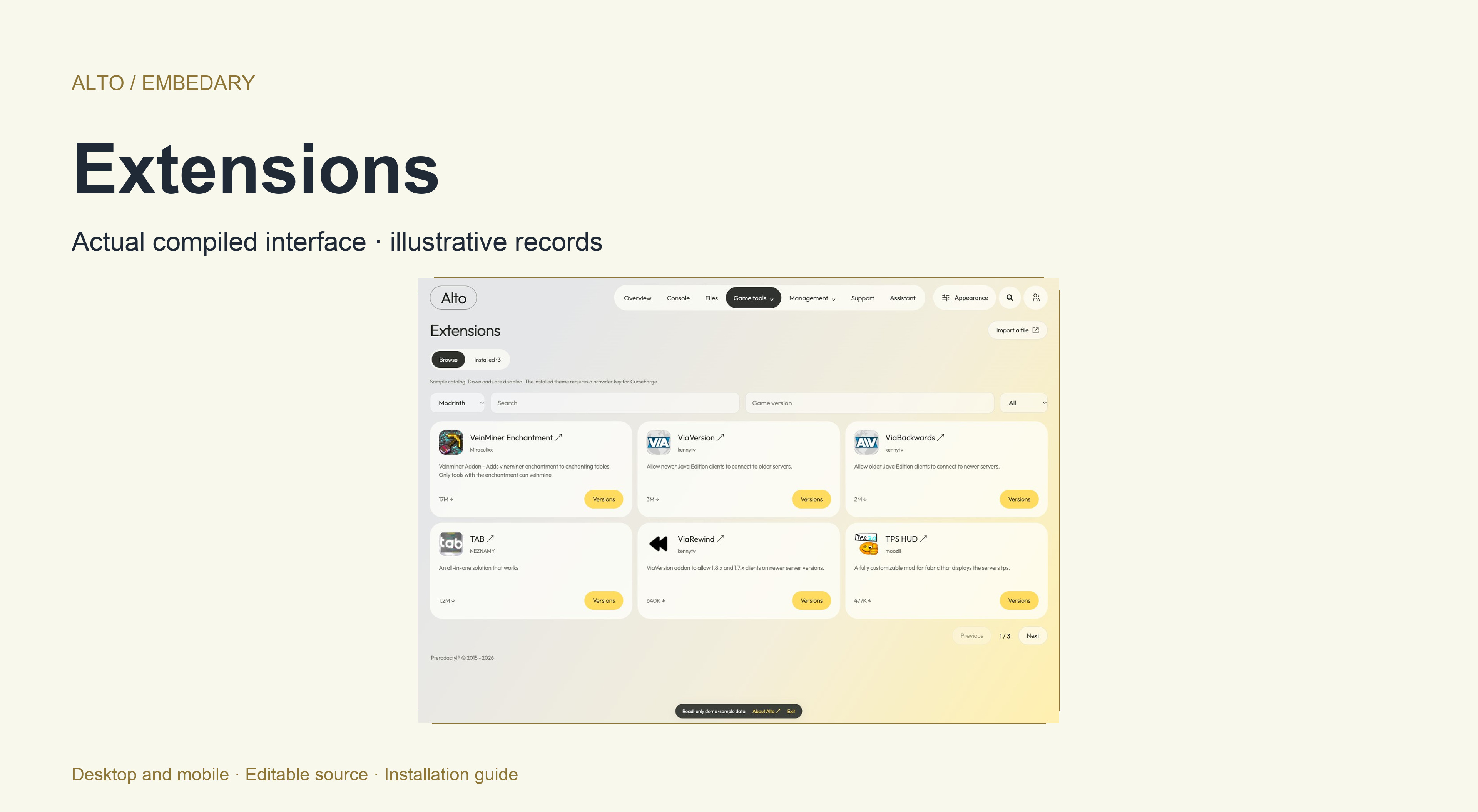 Plugin, mod and modpack catalogs in Alto, including separate browsing and installed-file tabs.