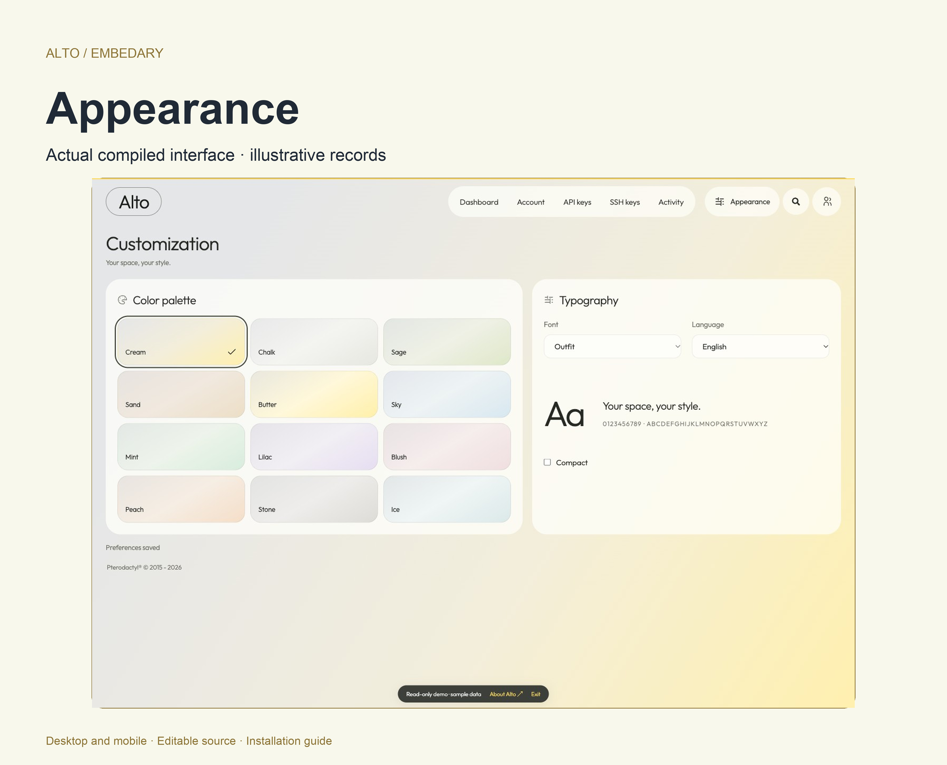 Alto appearance settings with twelve light palettes, eleven local fonts and sixteen interface languages.
