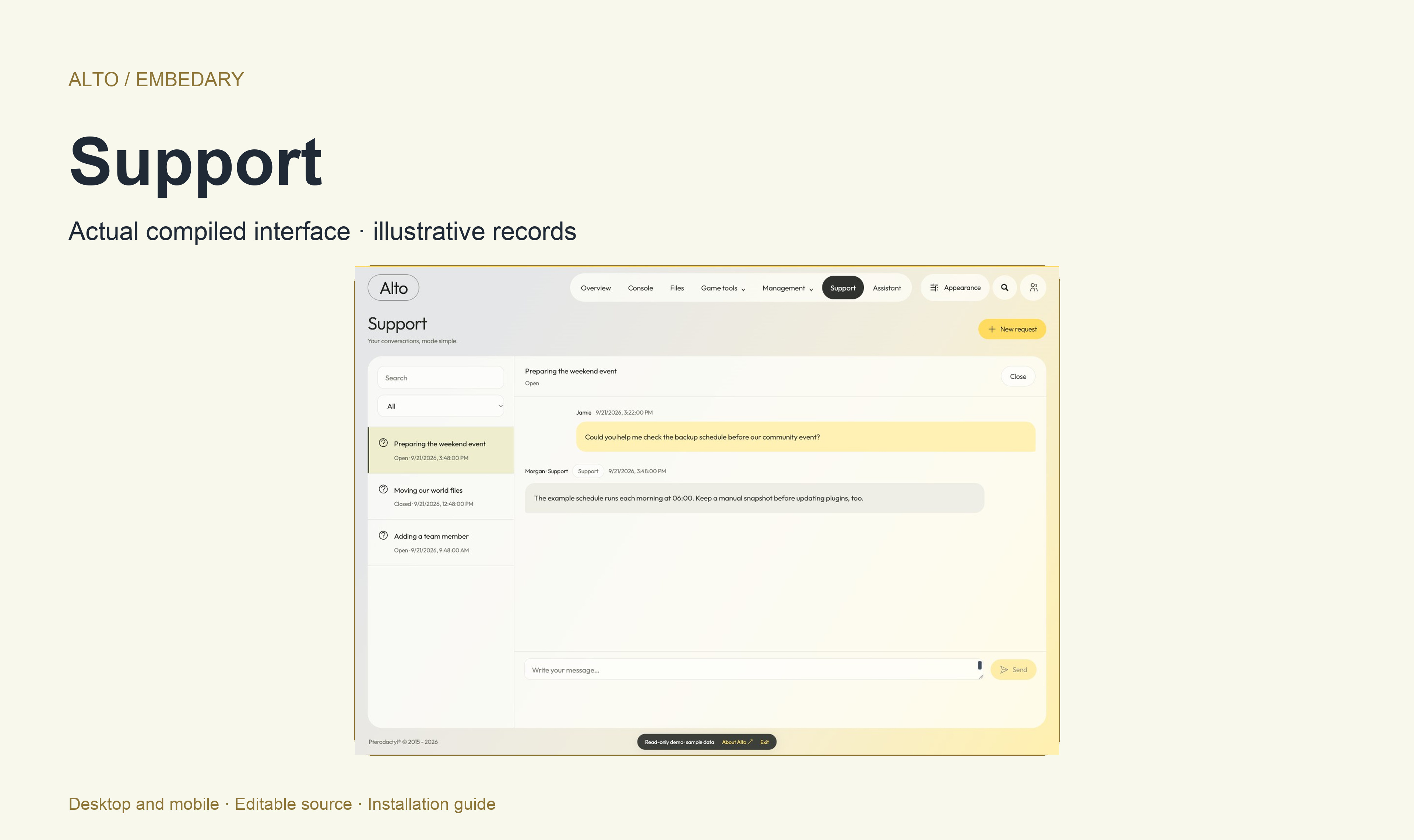 Alto support workspace with saved server threads and a sample conversation.
