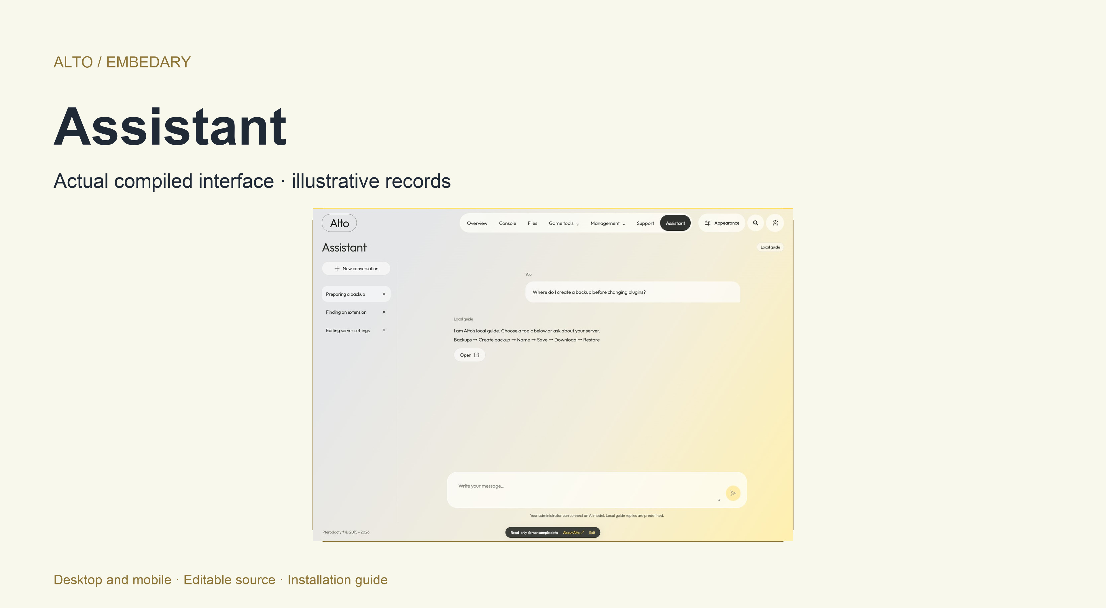 Alto private assistant conversations and the built-in navigation guide, with optional provider configuration.
