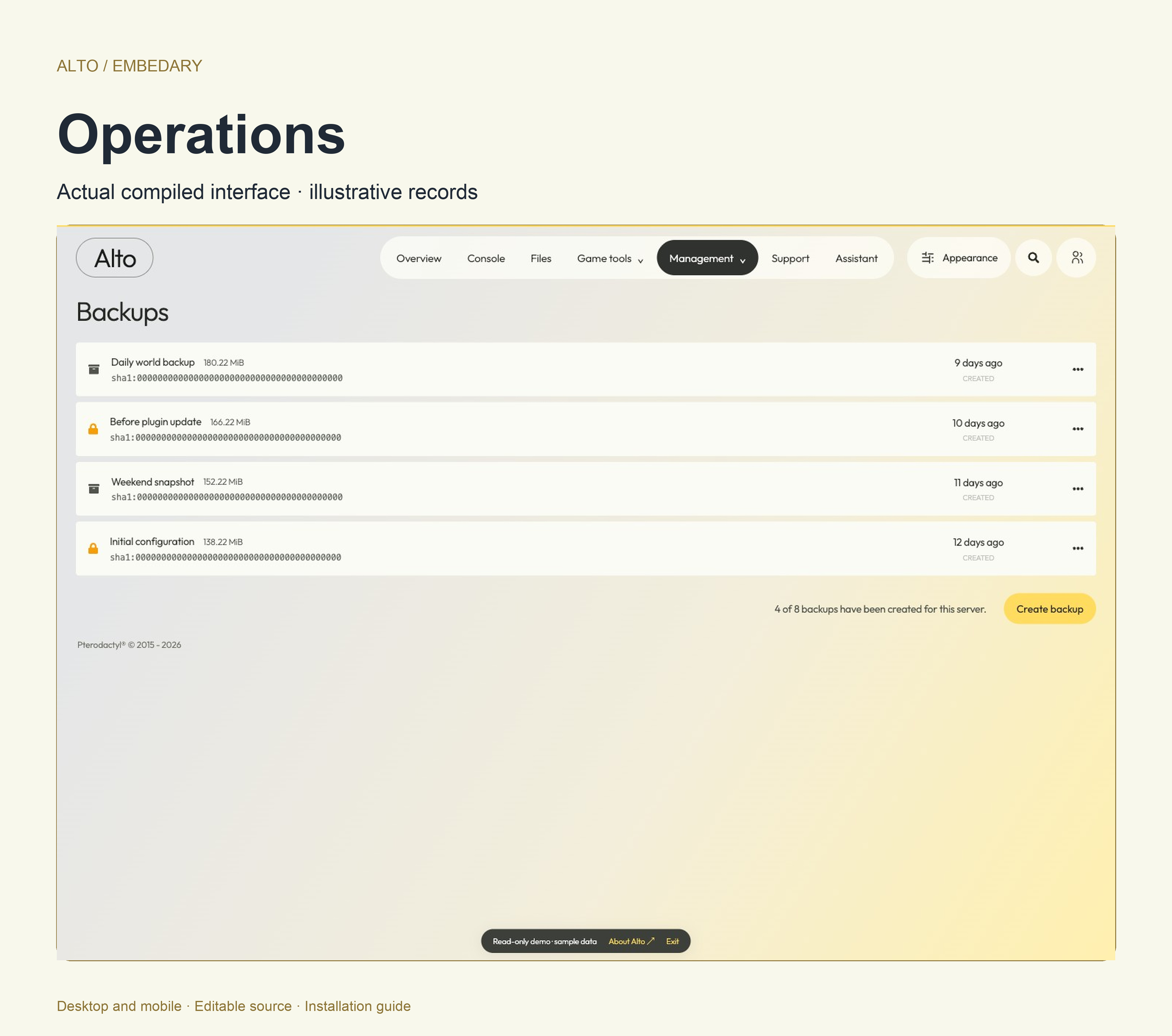 Alto backups, scheduled tasks, activity logs and encrypted secrets workspaces.