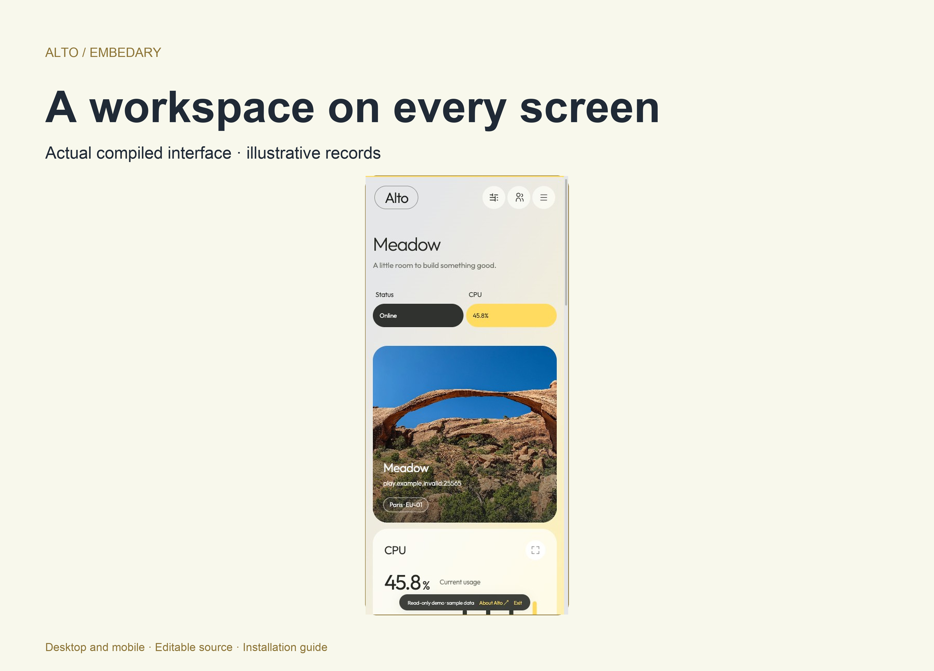 Actual Alto mobile overview and navigation drawer beside an explanation of responsive layouts.