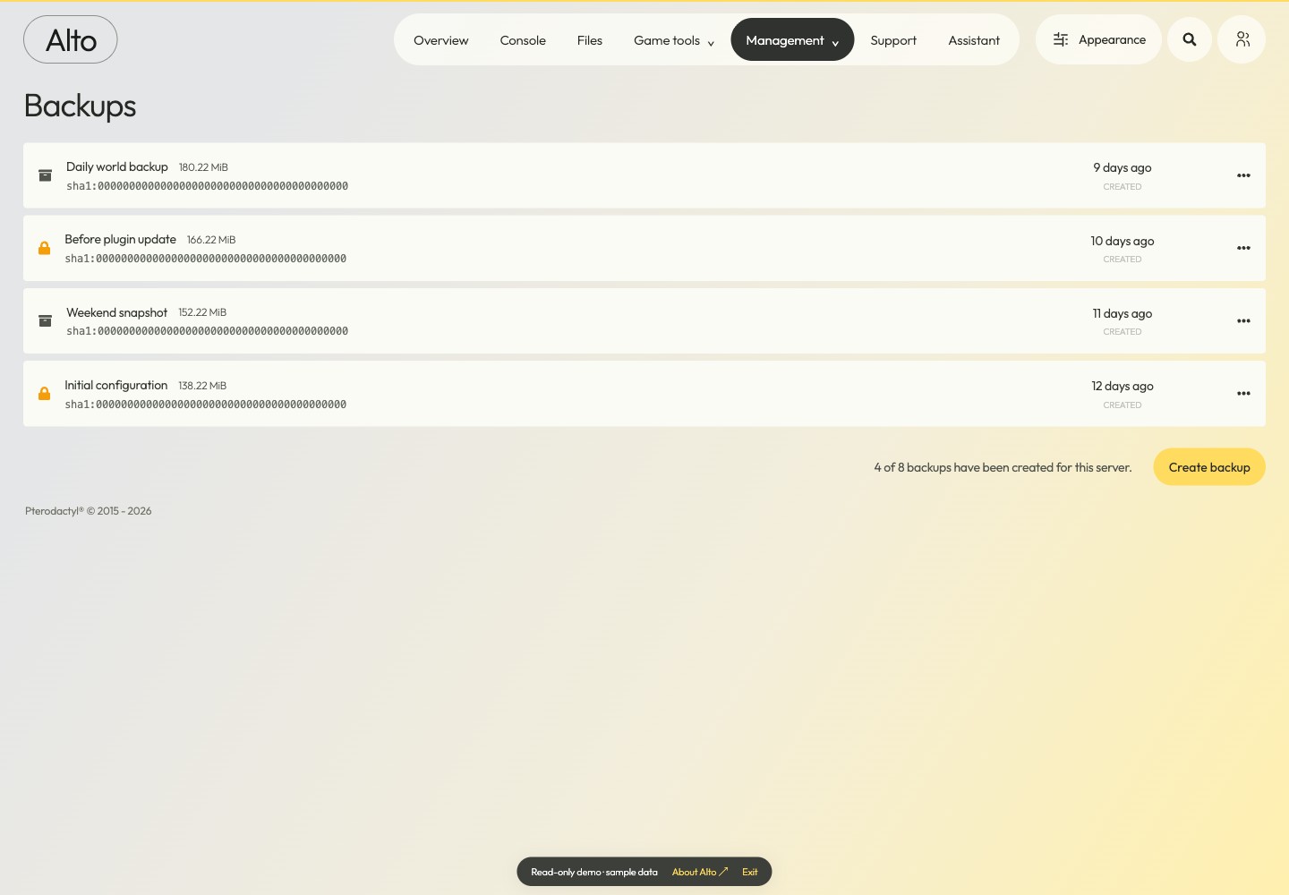 Alto — Backups · sample data