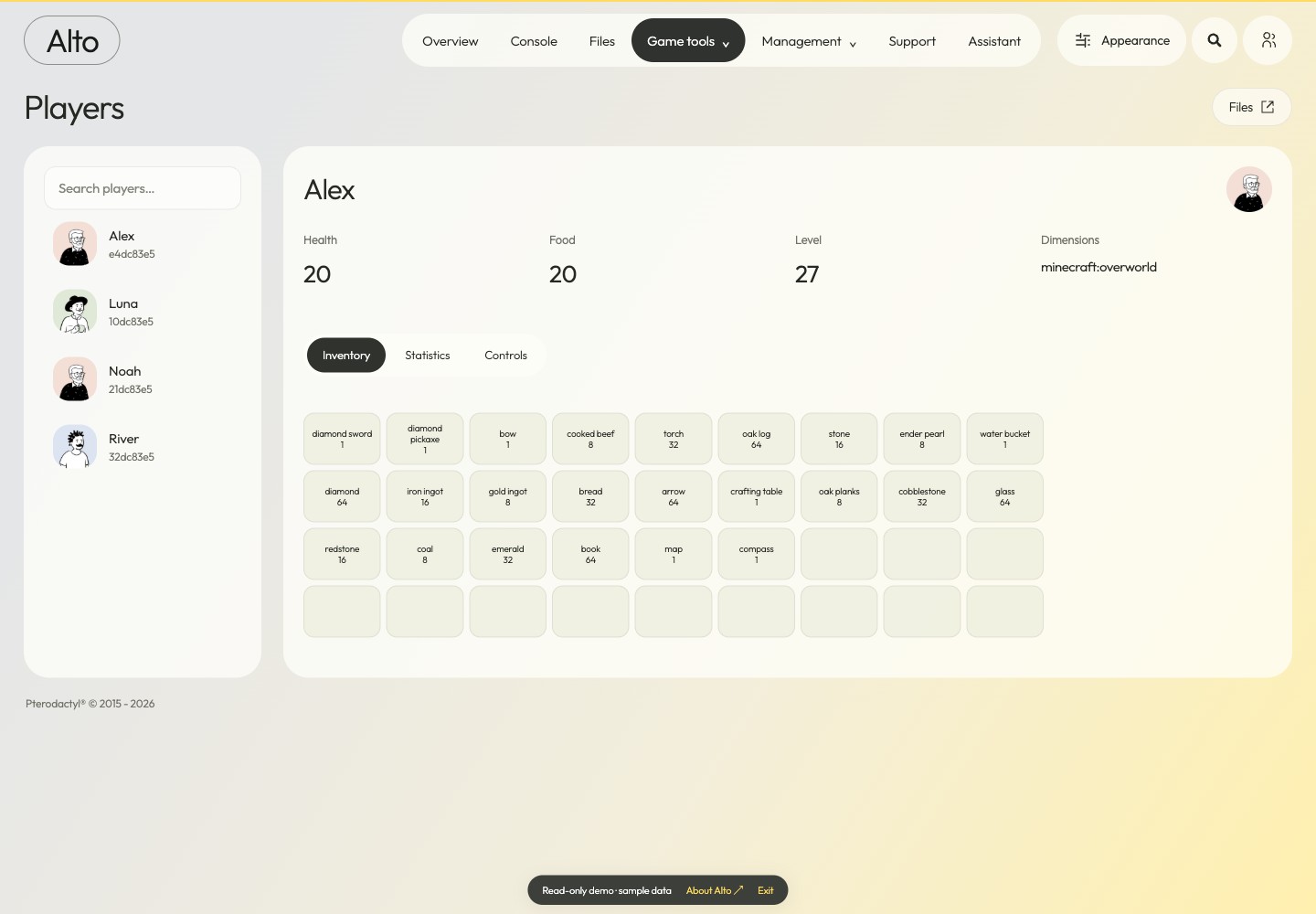 Alto — Players & inventory · sample data