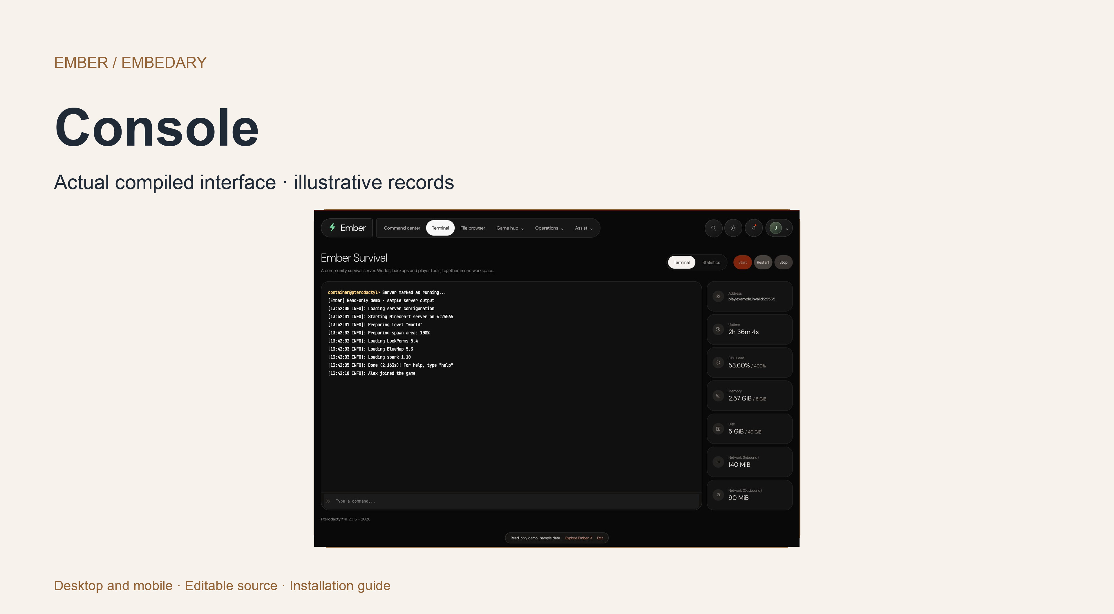 Ember terminal, native resource readings and server power controls.