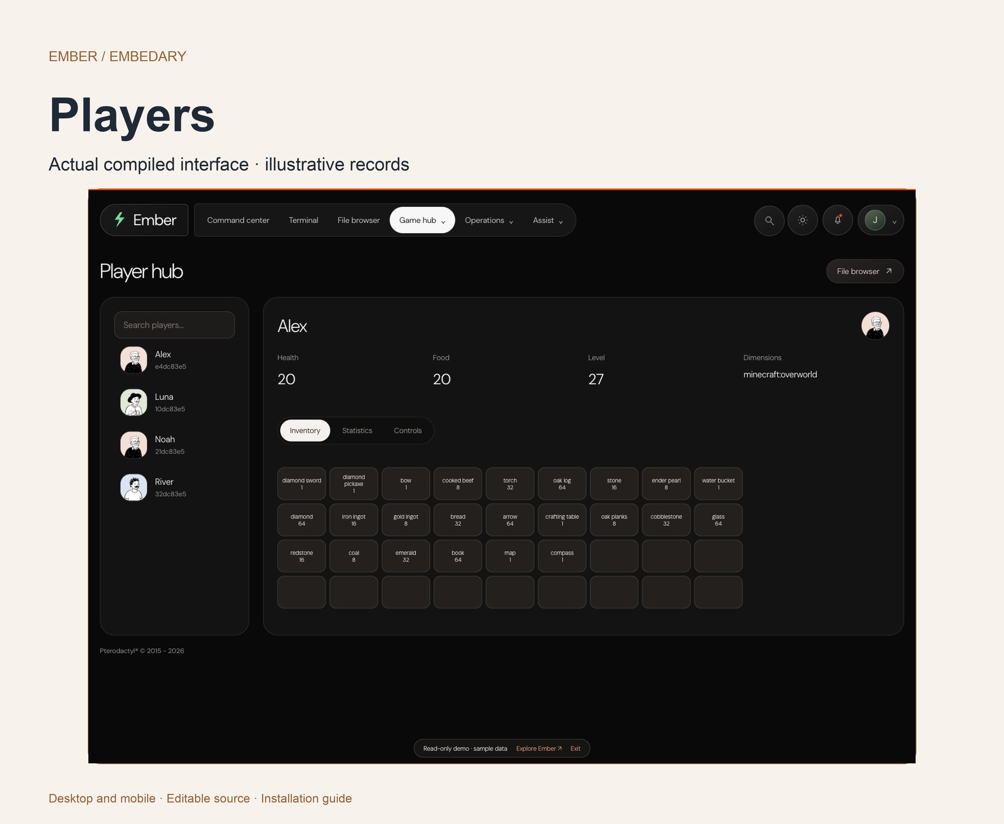 Ember Minecraft Java player workspace, saved inventory and player information.