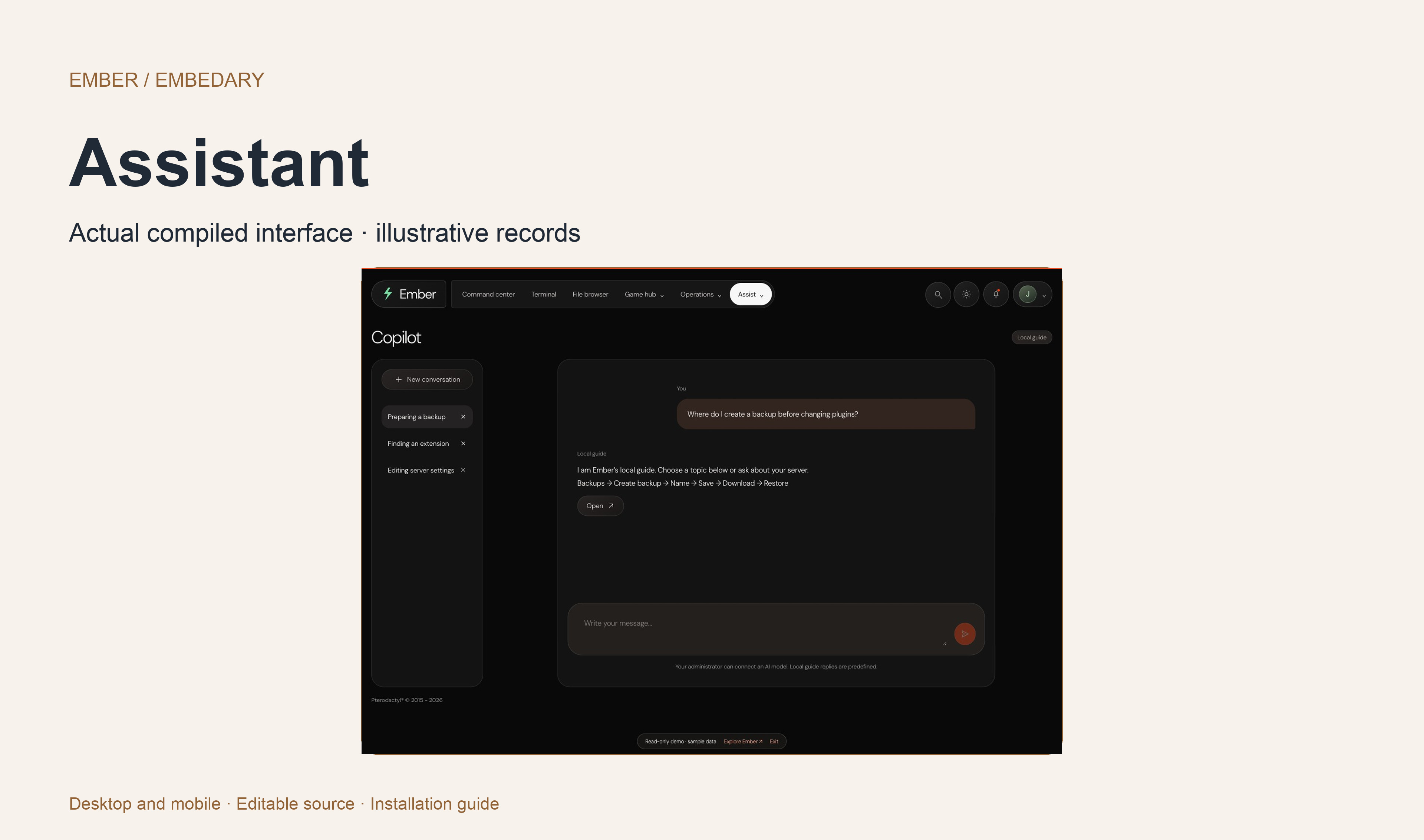 Ember private assistant conversations, included guide and optional OpenAI configuration.