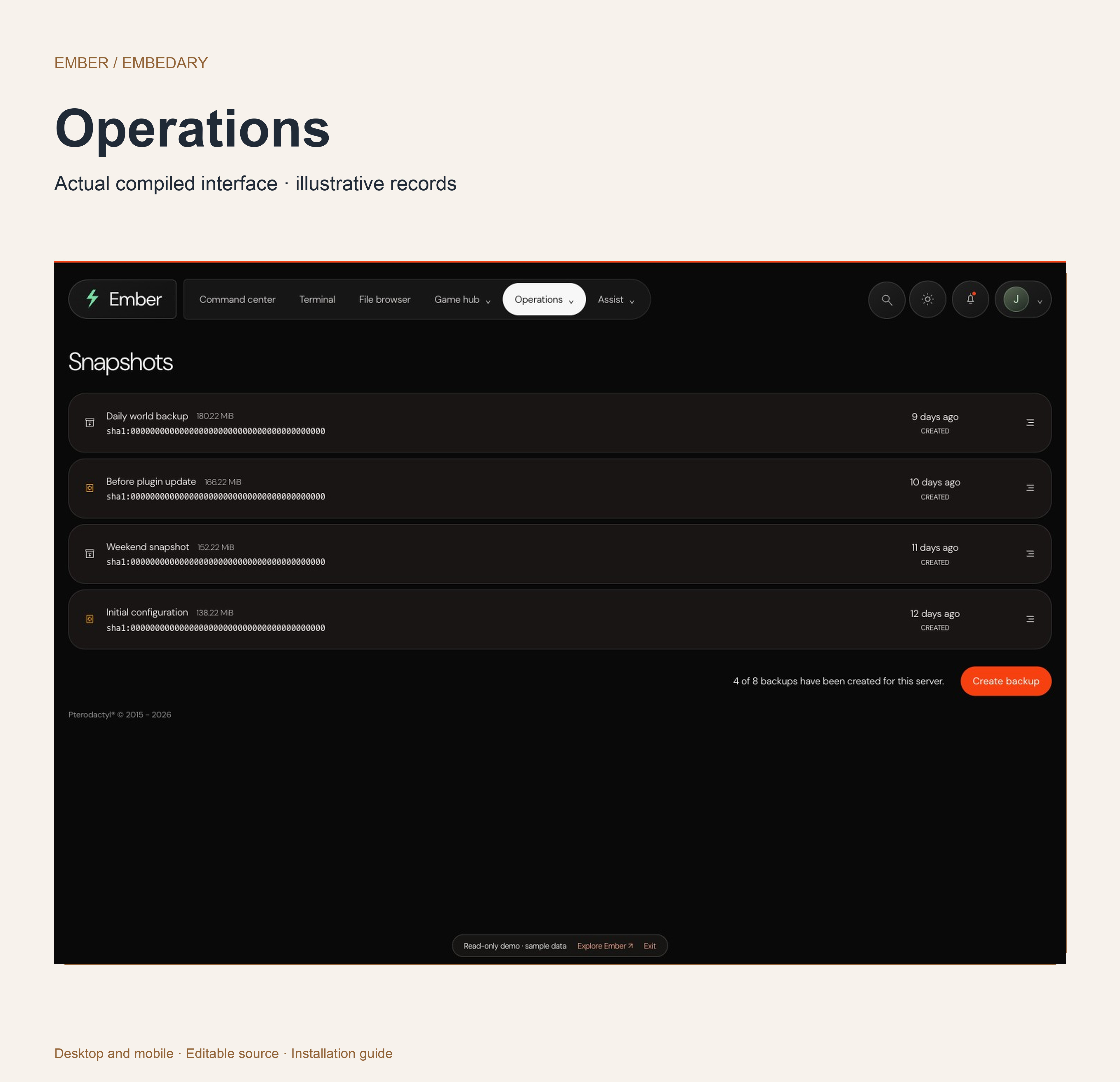 Ember native backups, schedules, server activity and encrypted secrets.