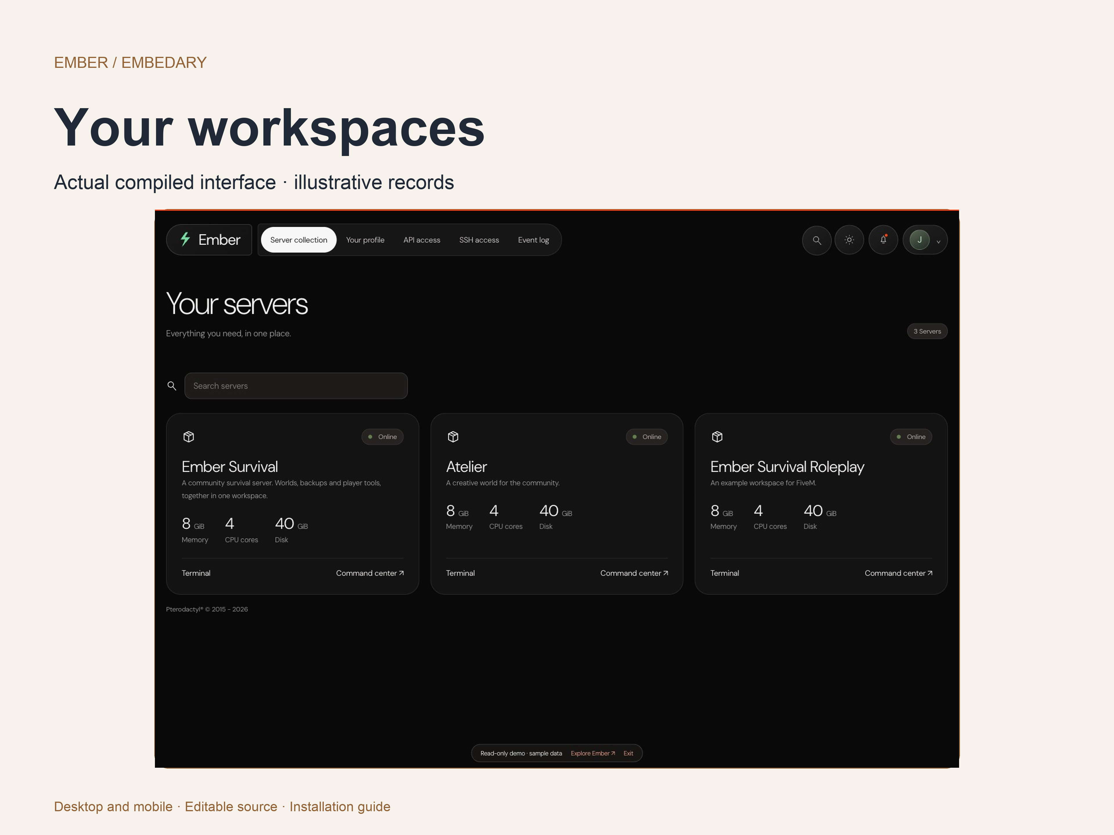 Ember game workspaces for Minecraft Java, FiveM and optional CurseForge catalogs.