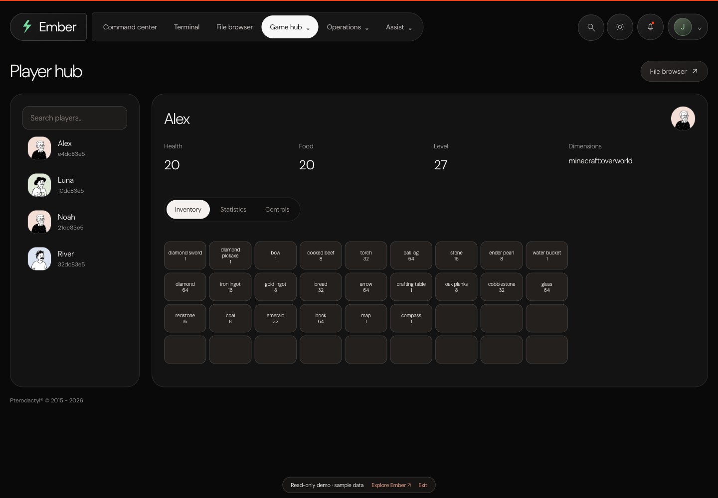 Ember — Player hub · sample data
