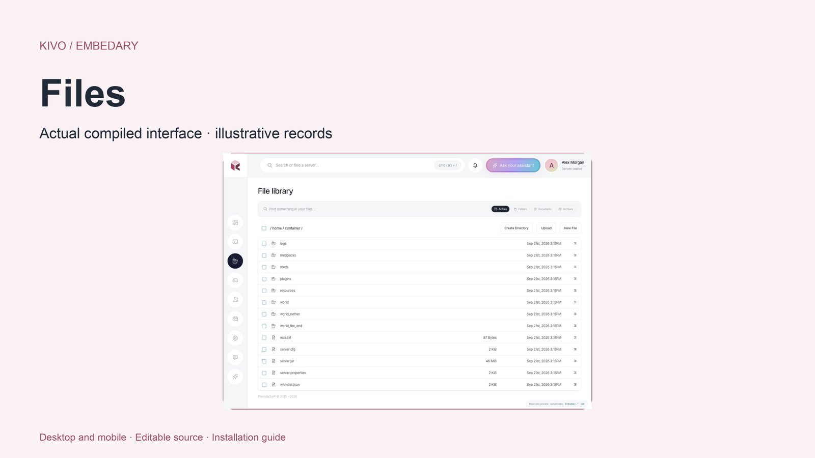 Kivo file library with a search field, type filters, folders and native file operations.