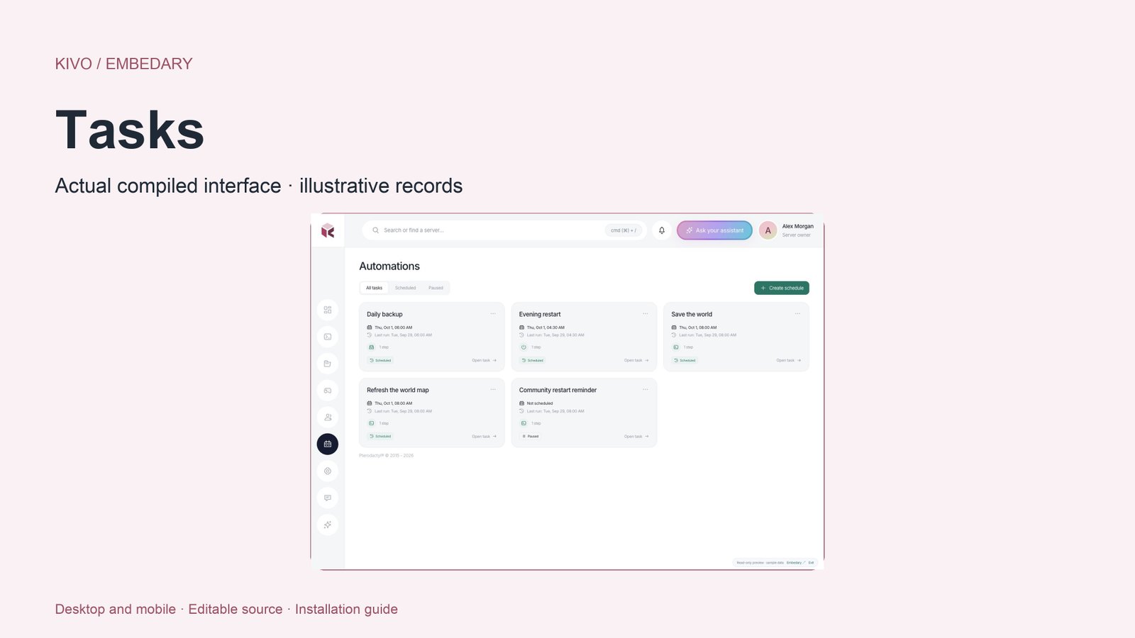 Kivo scheduled task cards with timing, status, next run and contextual actions.