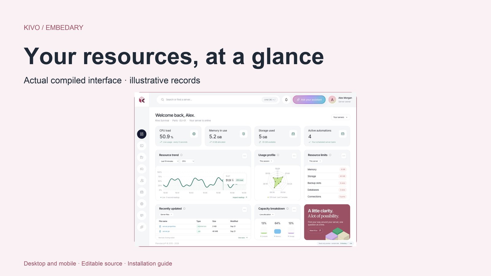 Kivo resource detail overlay with capacity, current usage and recent history.