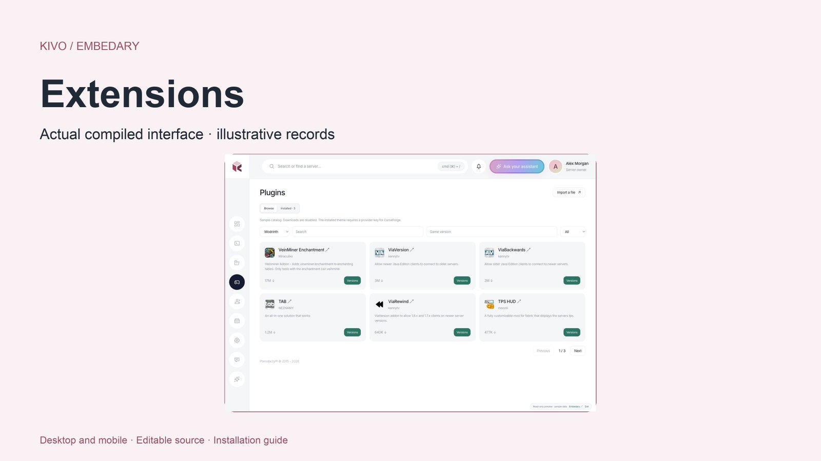 Kivo extension catalog with project cards and release controls.