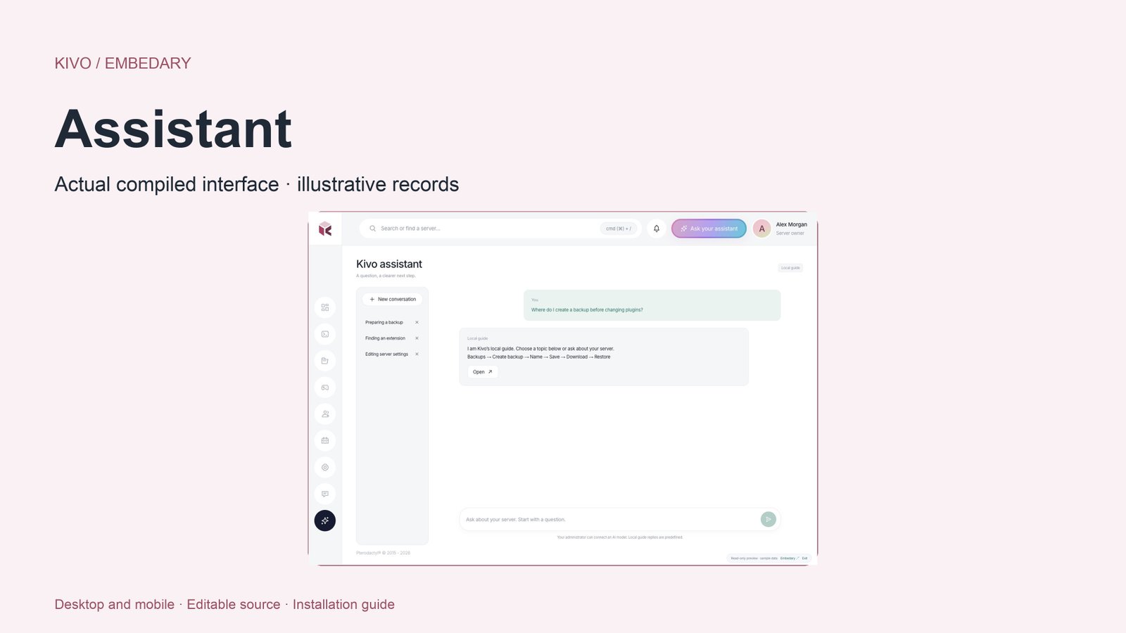 Kivo assistant interface with private threads and a message composer.