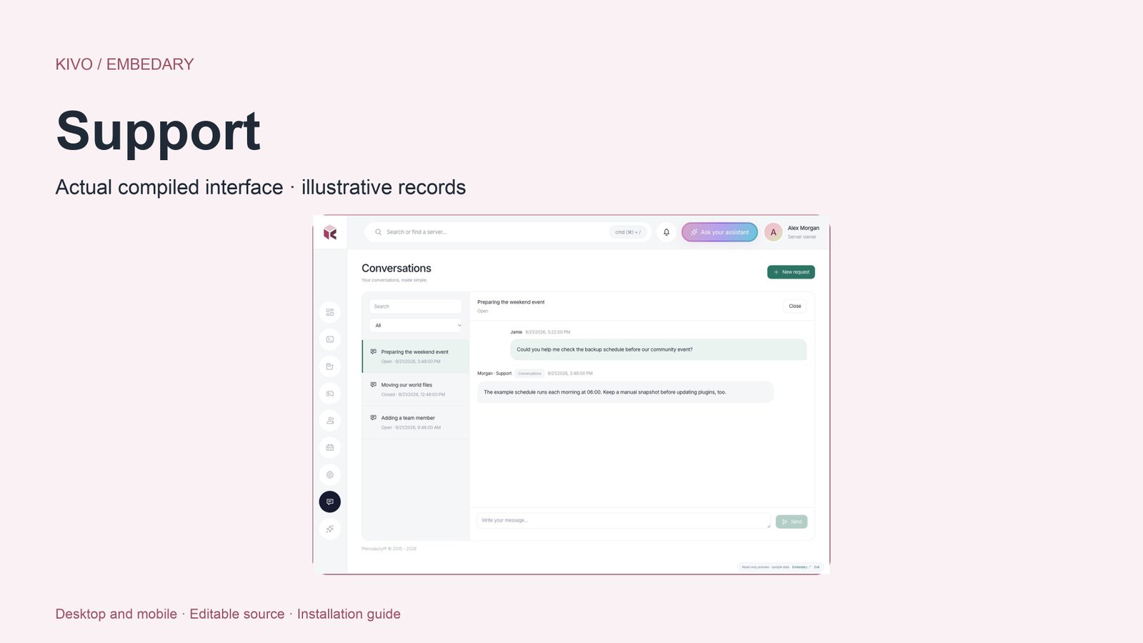 Kivo server support desk with persistent conversations and staff replies.