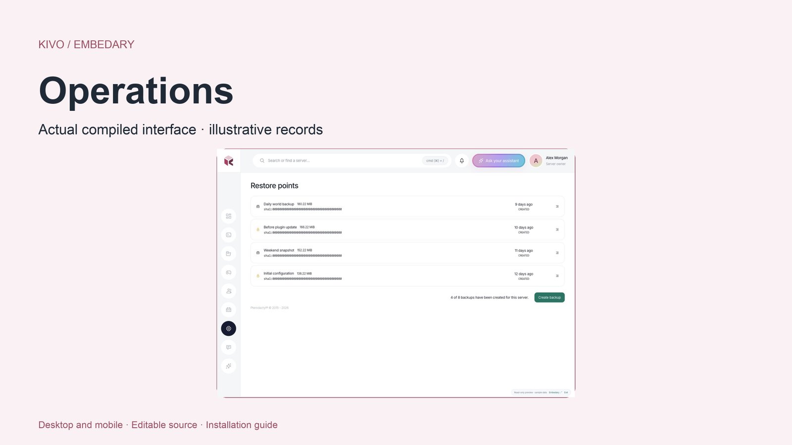 Kivo backups and server activity views. Native quotas and permissions apply.