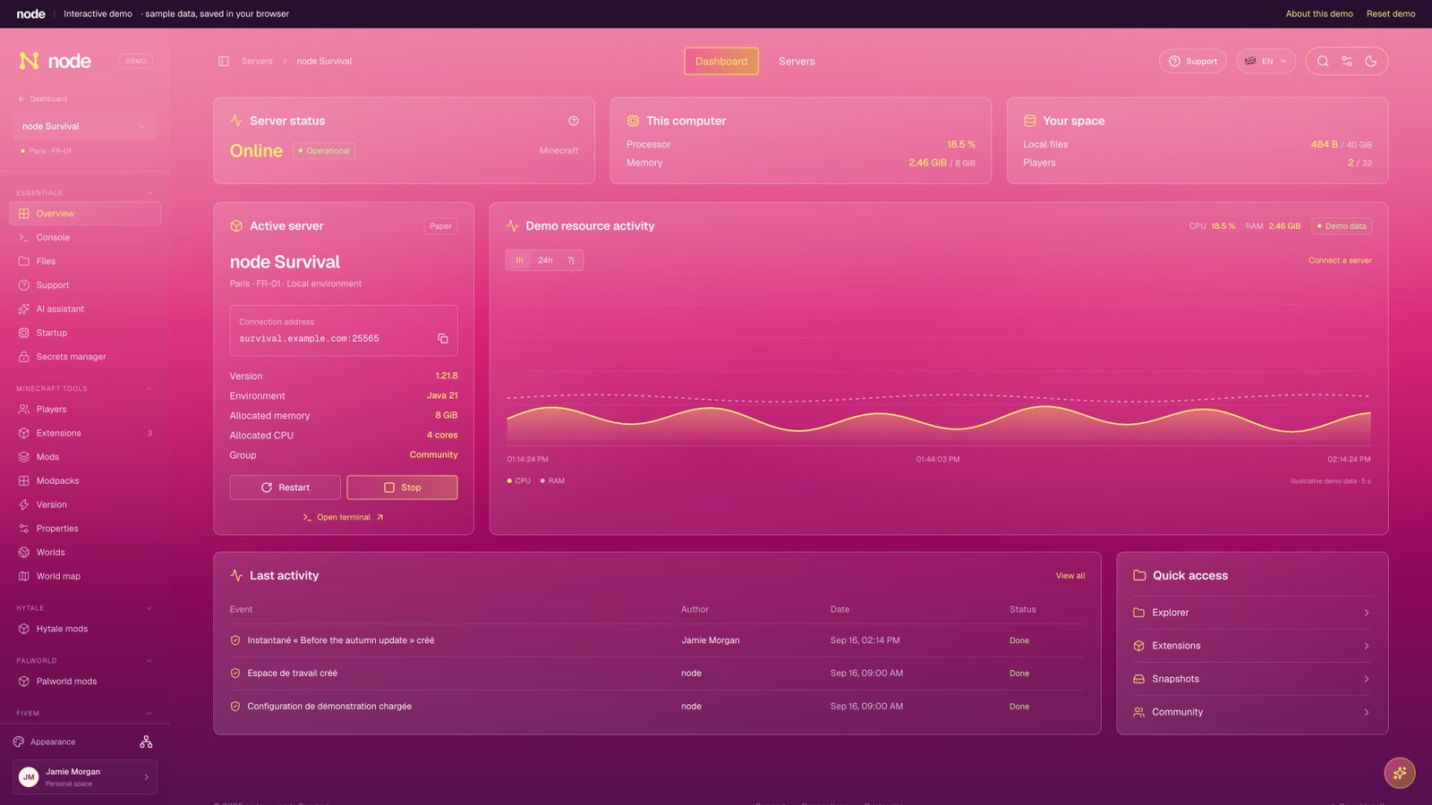 Node dashboard preview in its rose palette