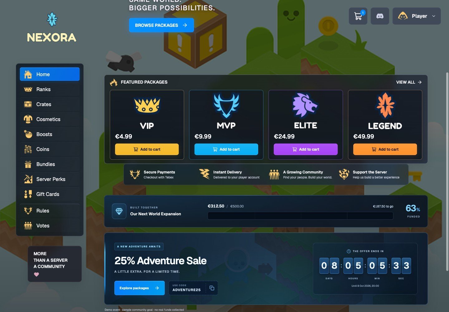 Campaign & community goal — actual Nexora interface with sample data