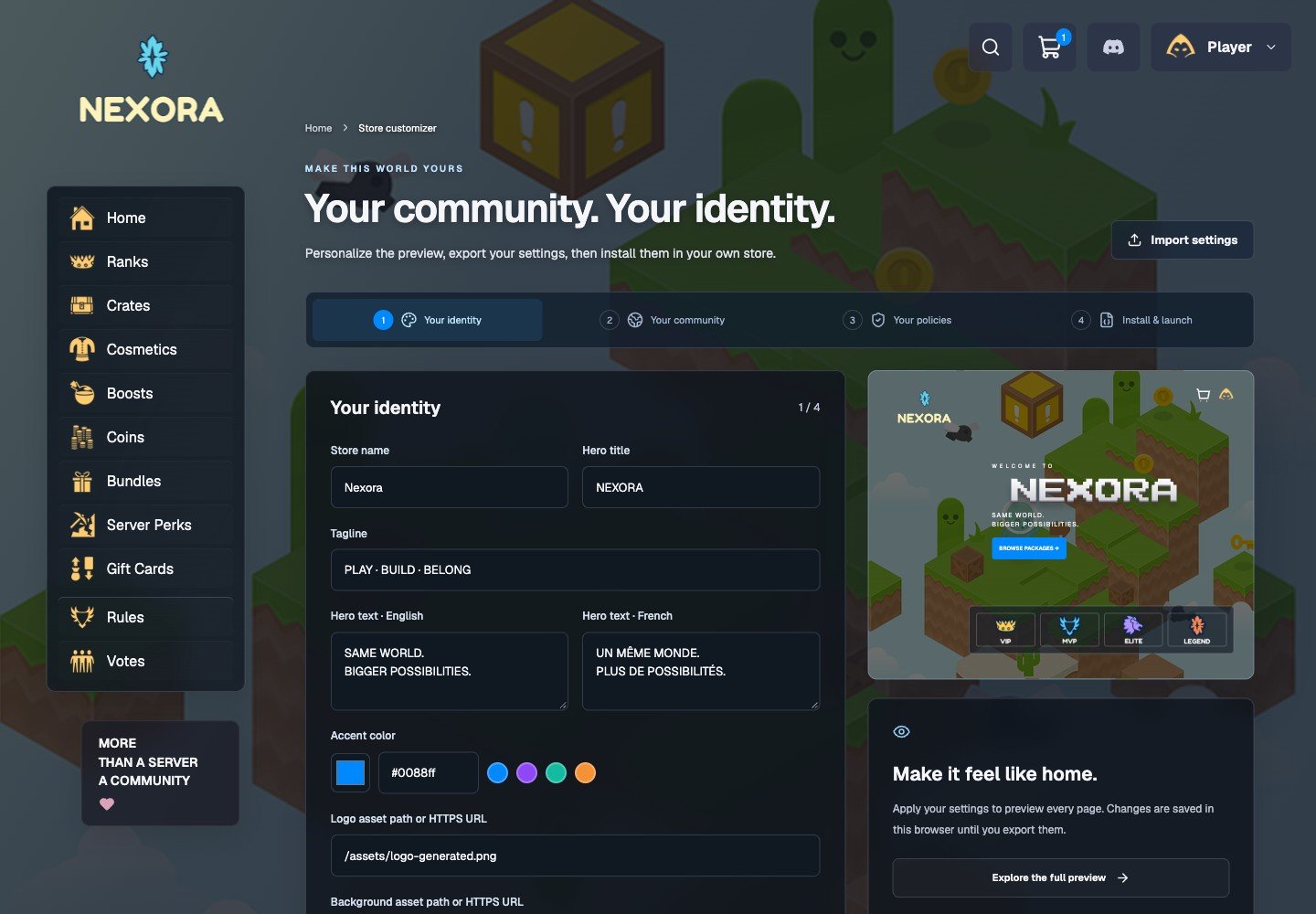 Guided customization — actual Nexora interface with sample data
