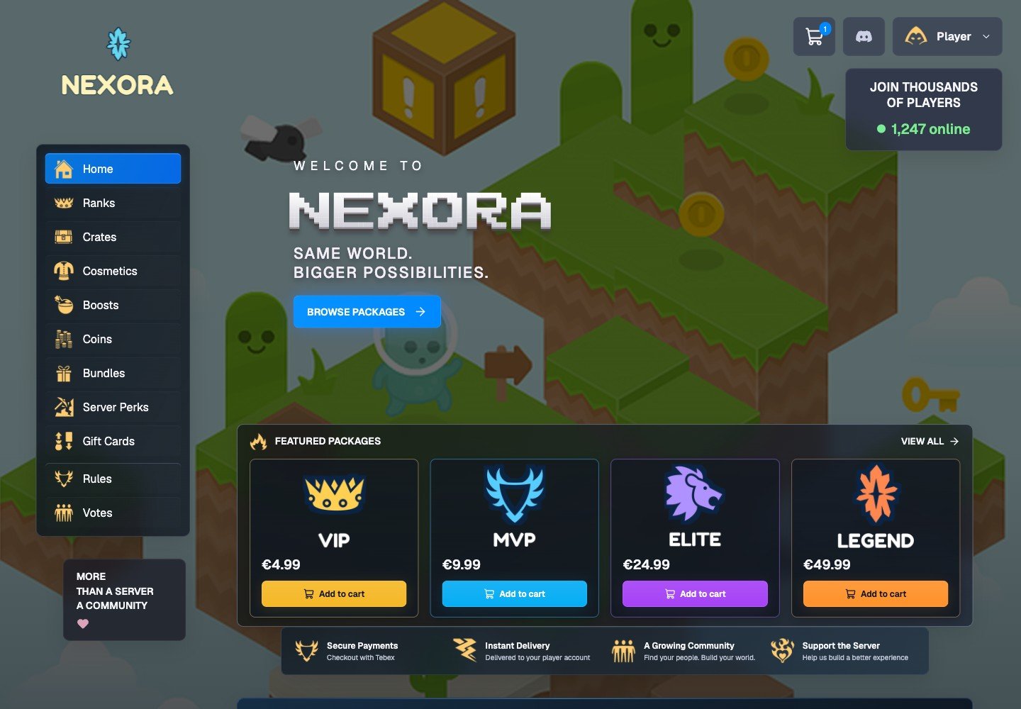 Nexora homepage — actual storefront dashboard