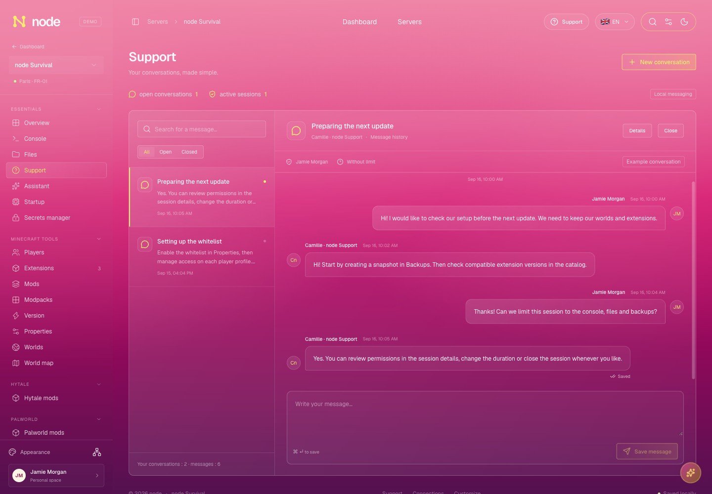 Support conversations — Node design preview with sample data