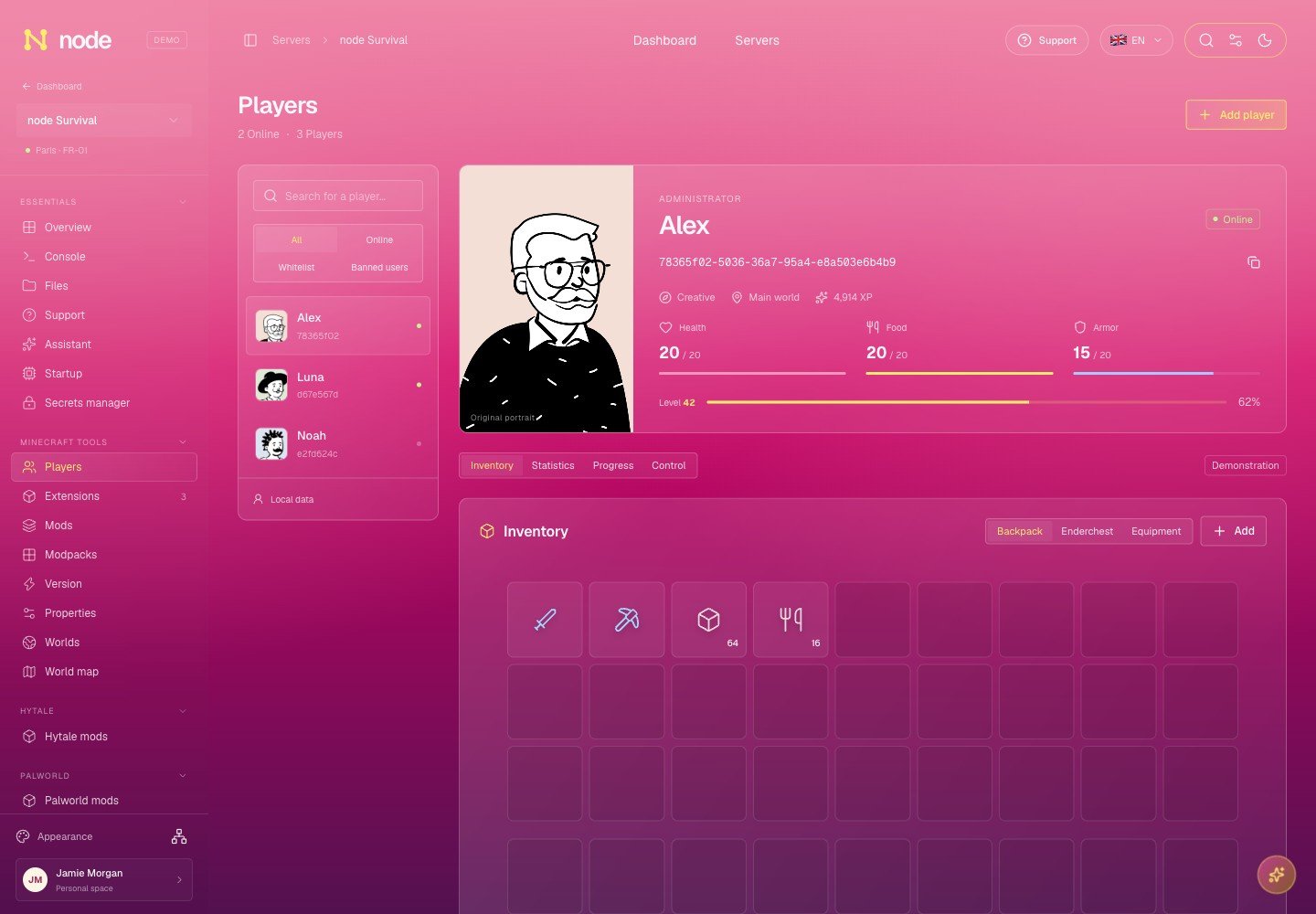 Players & inventory — Node design preview with sample data