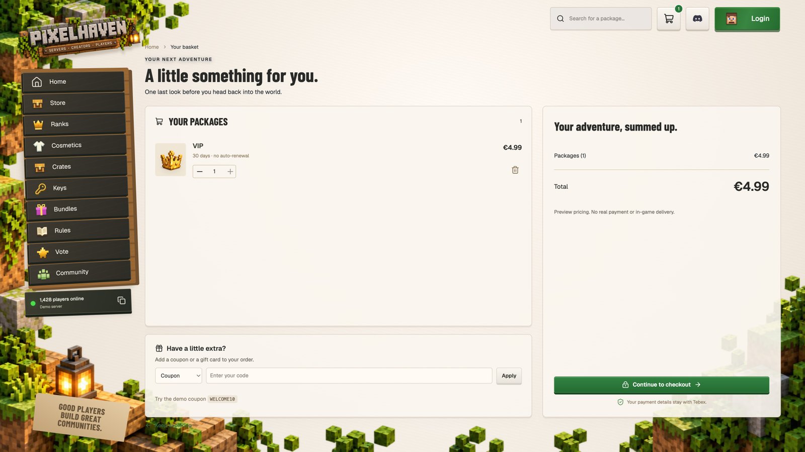 Your basket — actual Pixelhaven interface with sample data