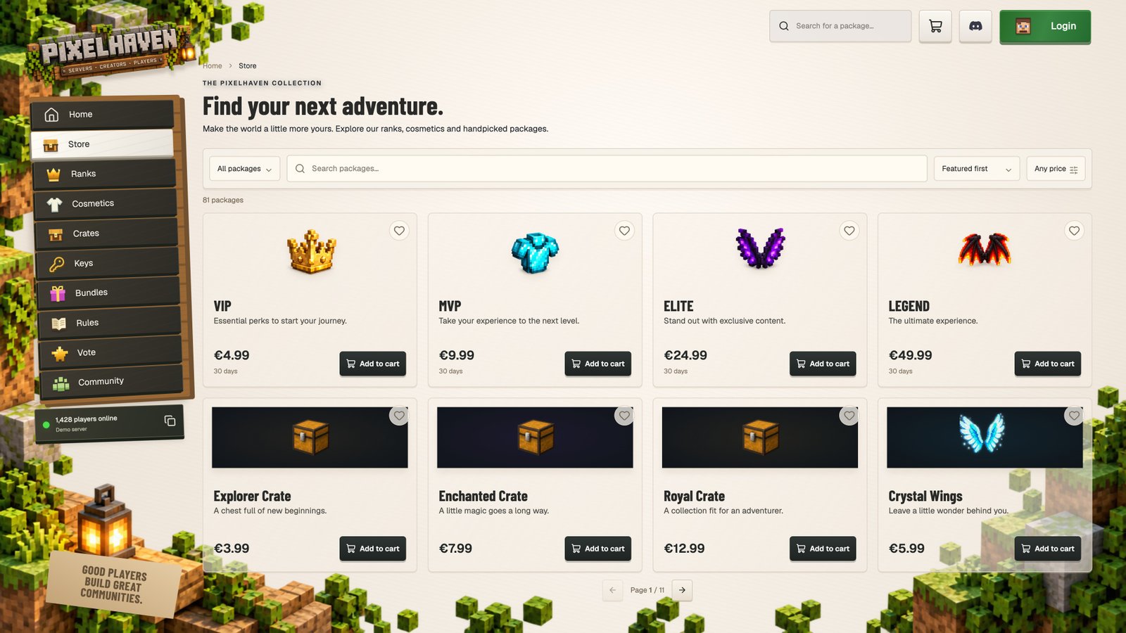 Product catalogue — actual Pixelhaven interface with sample data