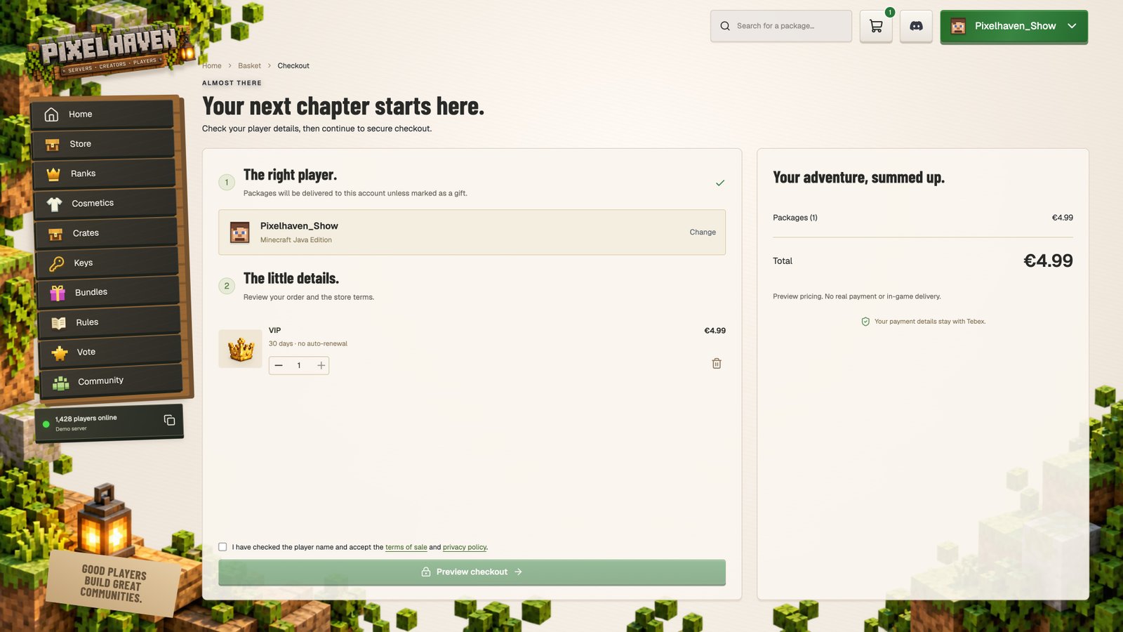 Checkout — actual Pixelhaven interface with sample data