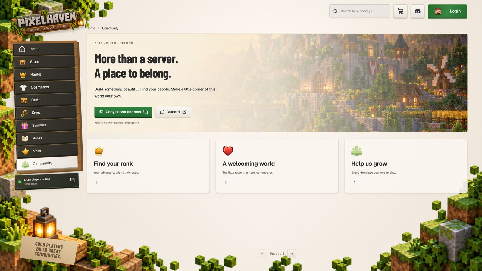 Community — actual Pixelhaven interface with sample data