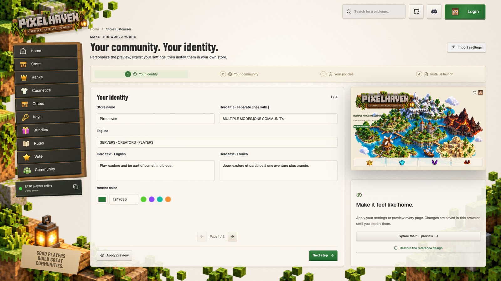Guided customization — actual Pixelhaven interface with sample data